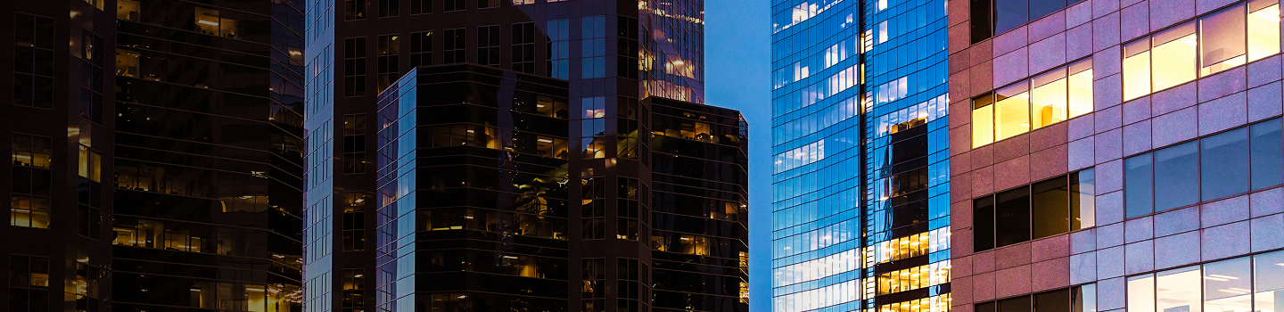 Several modern office buildings in downtown Calgary.