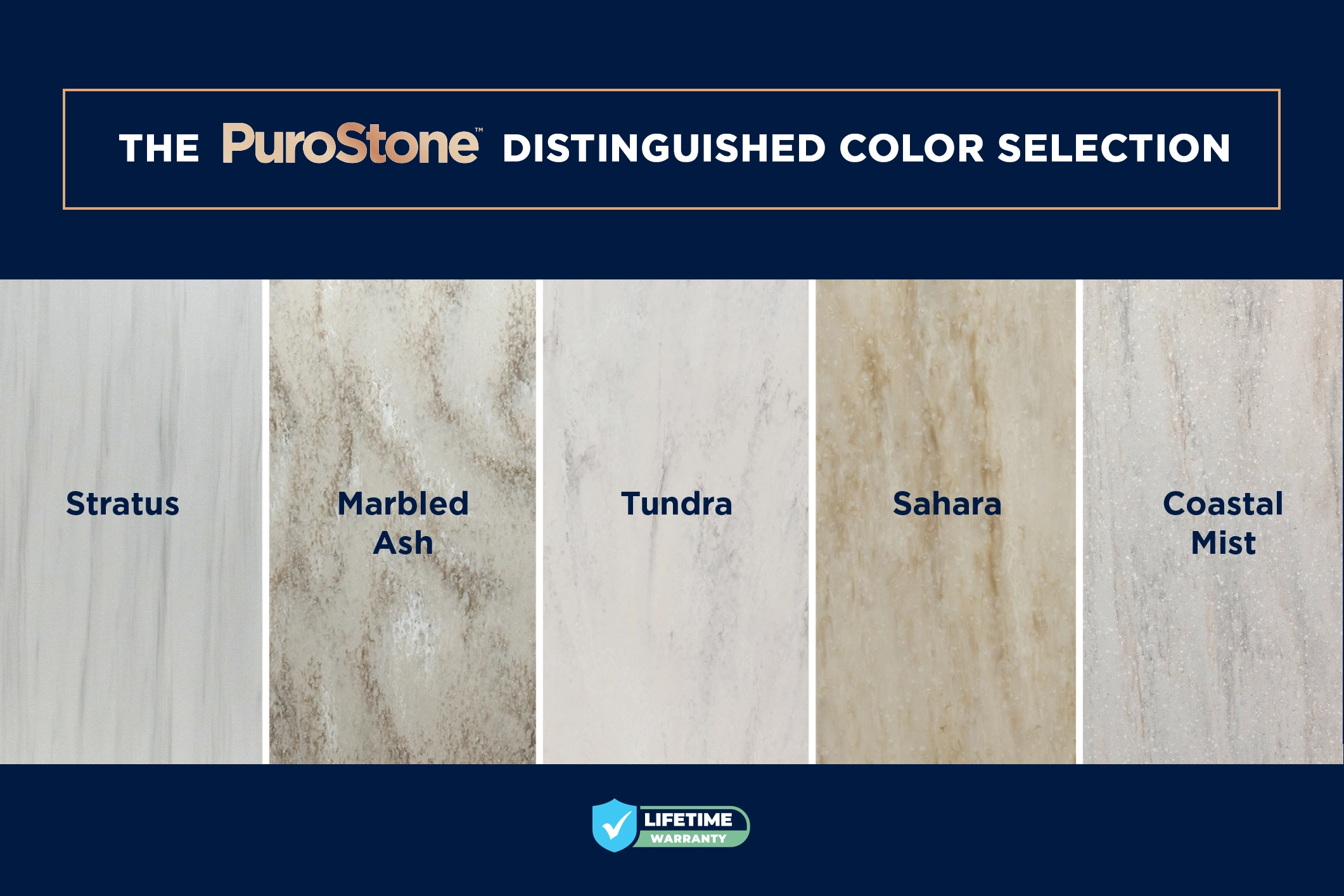 PuroStone&reg; wall system color options for bathroom remodeling