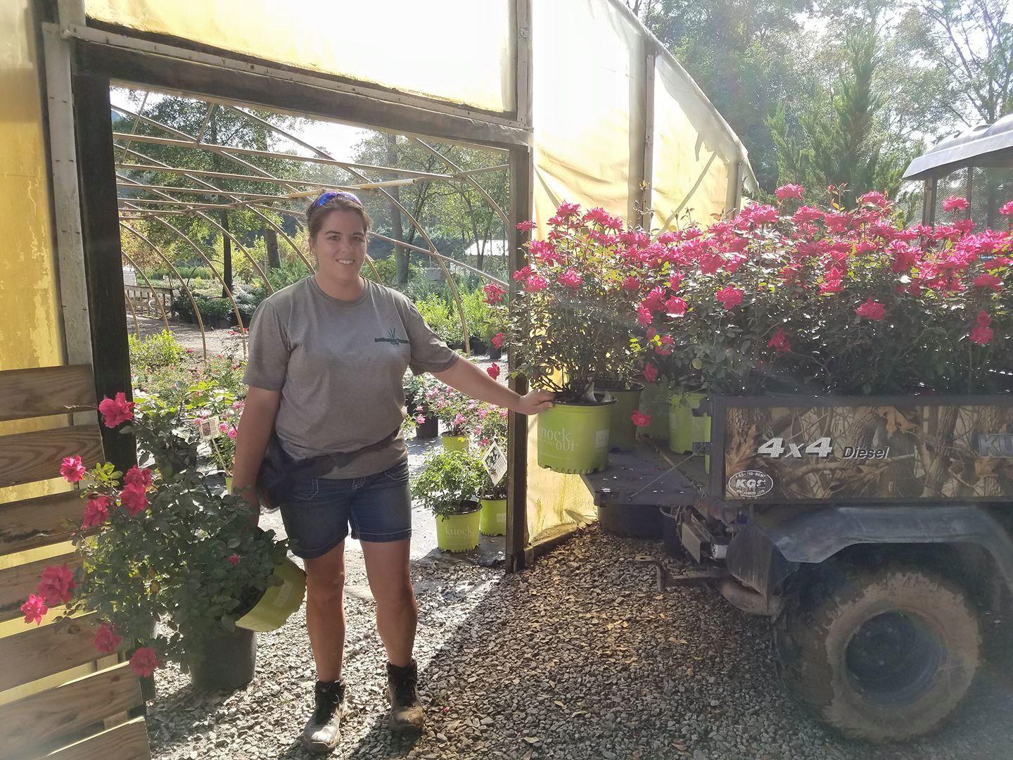 Michelle Settlemyre displaying our Knock Out Roses Rosa'Radtko' Double Red! Locally grown right here at Settlemyre Nursery, Valdese, NC