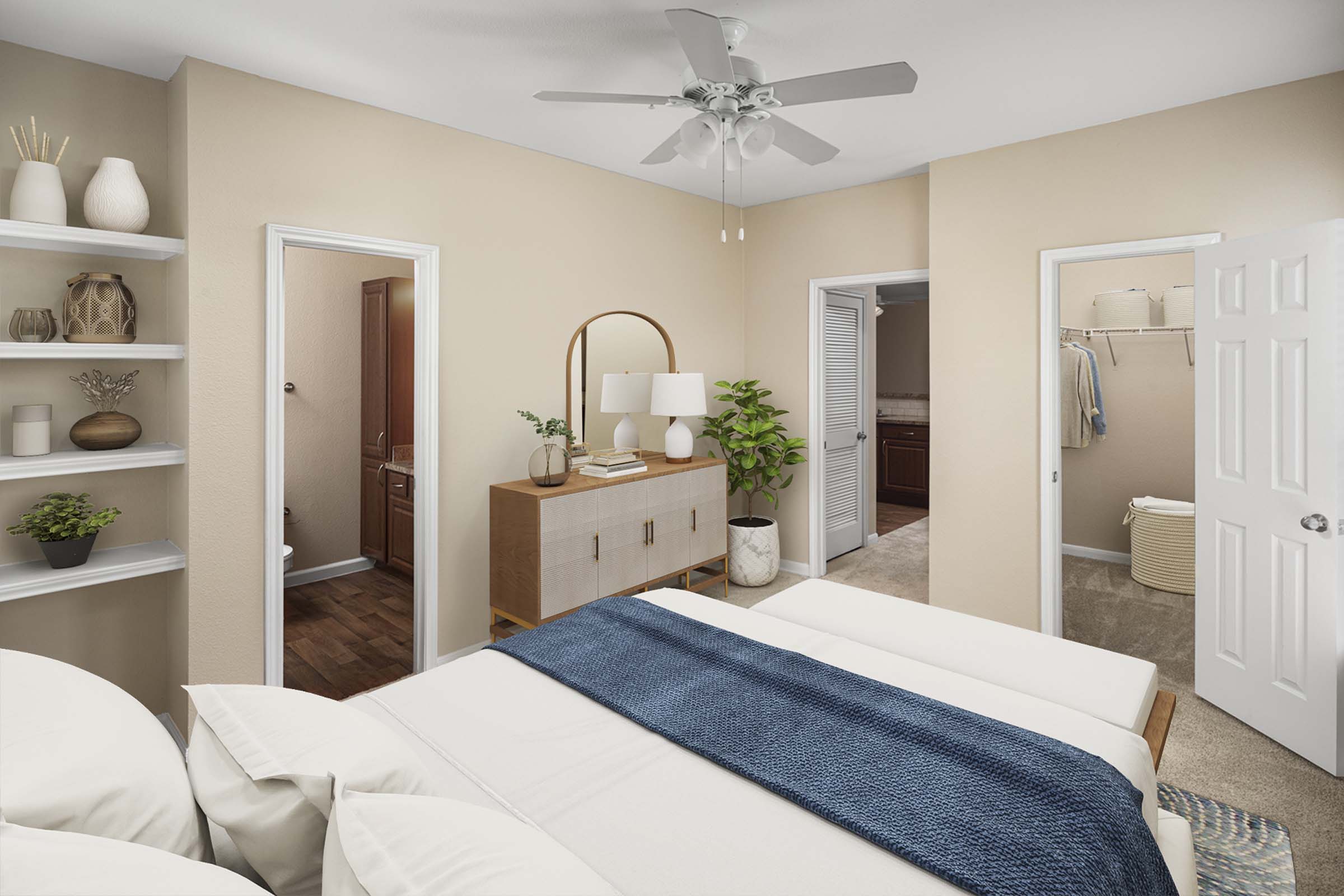Bedroom with walk-in closet and ensuite at Camden Buckingham apartments in Richardson, Tx 