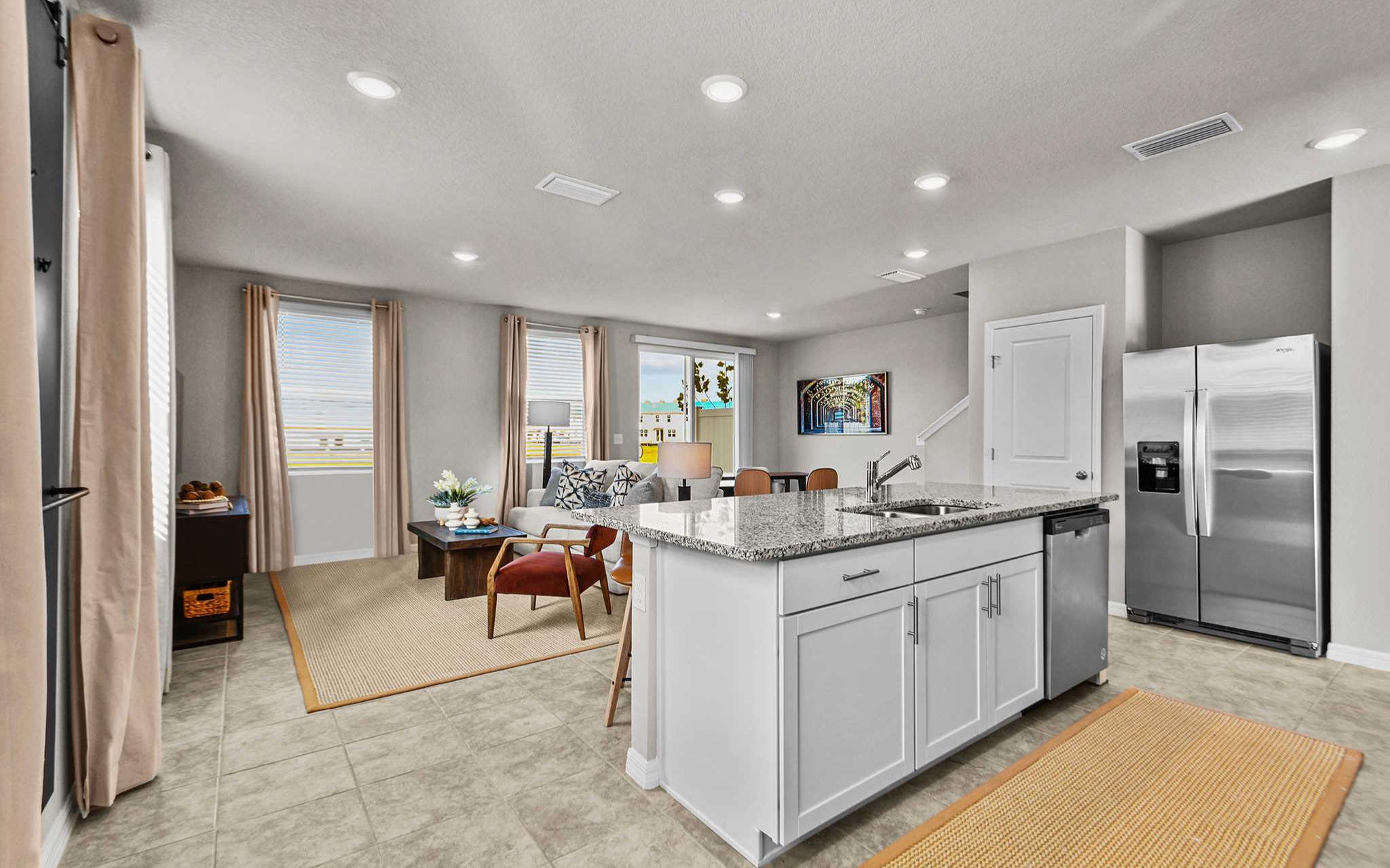 Spacious open concept kitchen and living room.