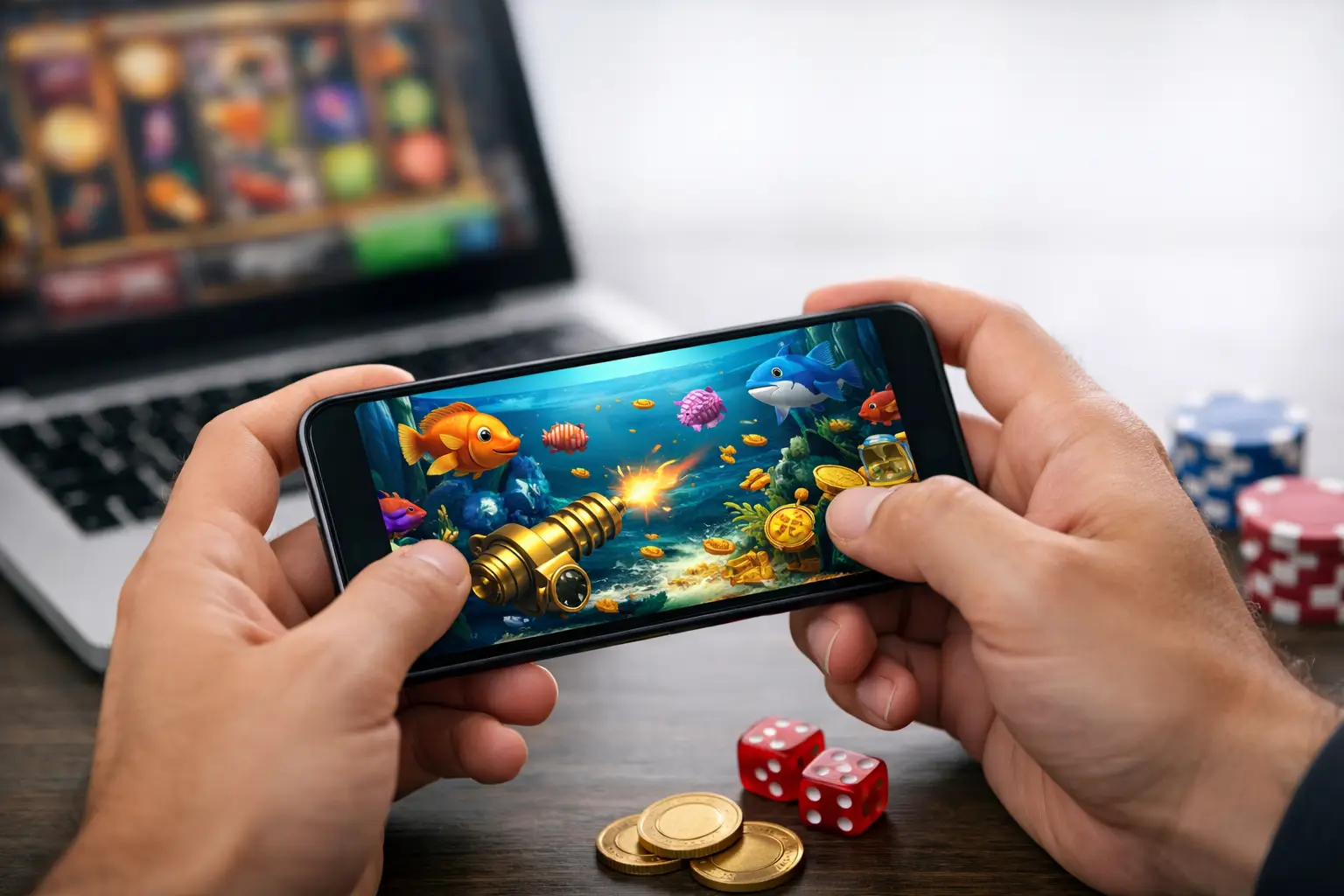 A person is holding a smartphone displaying a colorful underwater game with fish and a cannon. In the background, a laptop shows a slot machine game, and casino chips and dice are scattered on a wooden surface, suggesting a theme of online gambling or gaming.