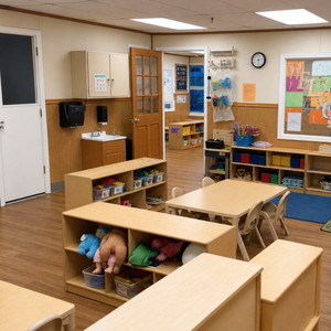 Bright and colorful preschool classroom at Childcare Network with age-appropriate learning materials 