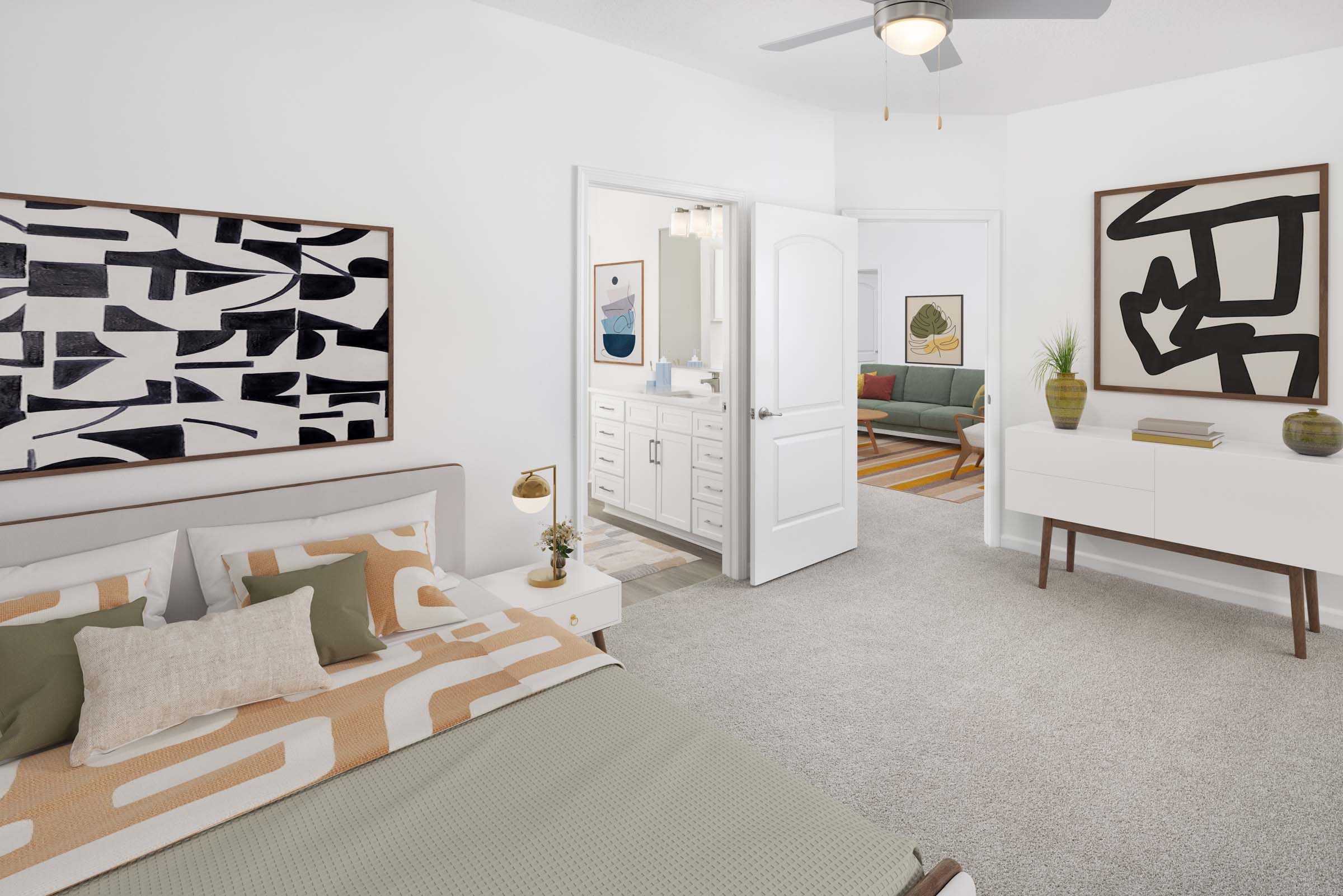 Bedroom with ensuite bath at Camden Montague apartments in Tampa, FL