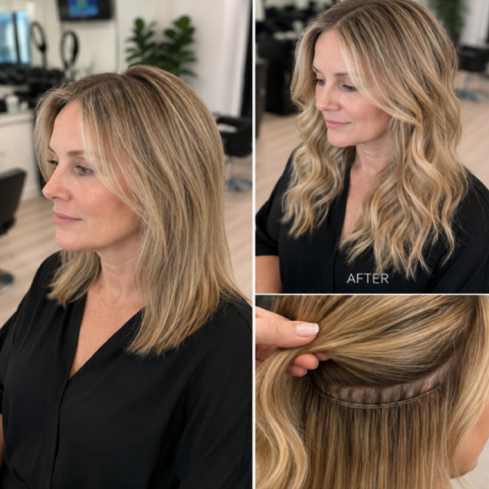 Luxury sew-in weft hair extensions at Avissa Salon in Ann Arbor add beautiful length, fullness, and  