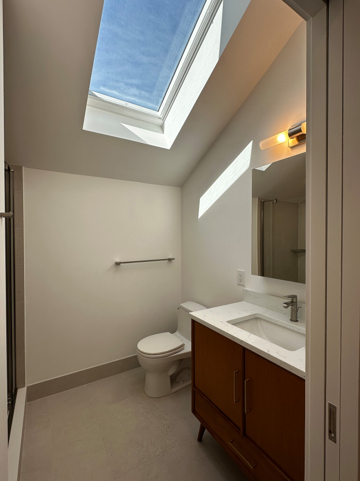 A modern bathroom with a skylight, toilet, vanity with sink, and shower. The room is well-lit by natural light streaming through the skylight and a vanity light fixture.