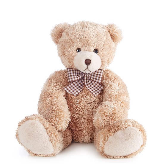 Huggable, adorable and ready to cuddle. Our Lotsa Love teddy bear wears a checkered brown bowtie to match his cream-colored, plush fur.