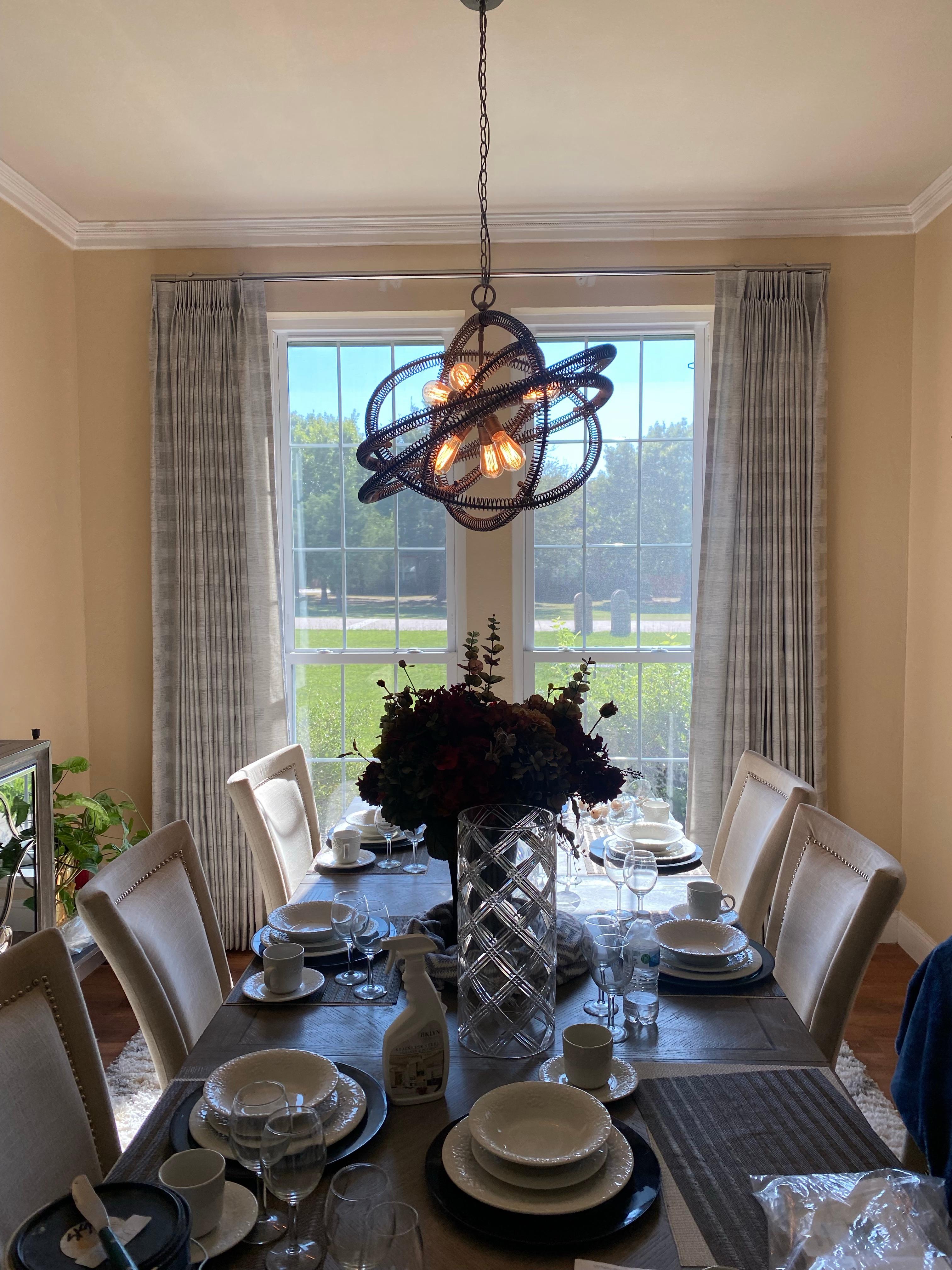 Operate your pinch pleat drapery window coverings in your dining room with a remote, voice activation or hardwire. Motorized and automated window coverings offer privacy/security, child safety, energy efficiency and convenience all in one.