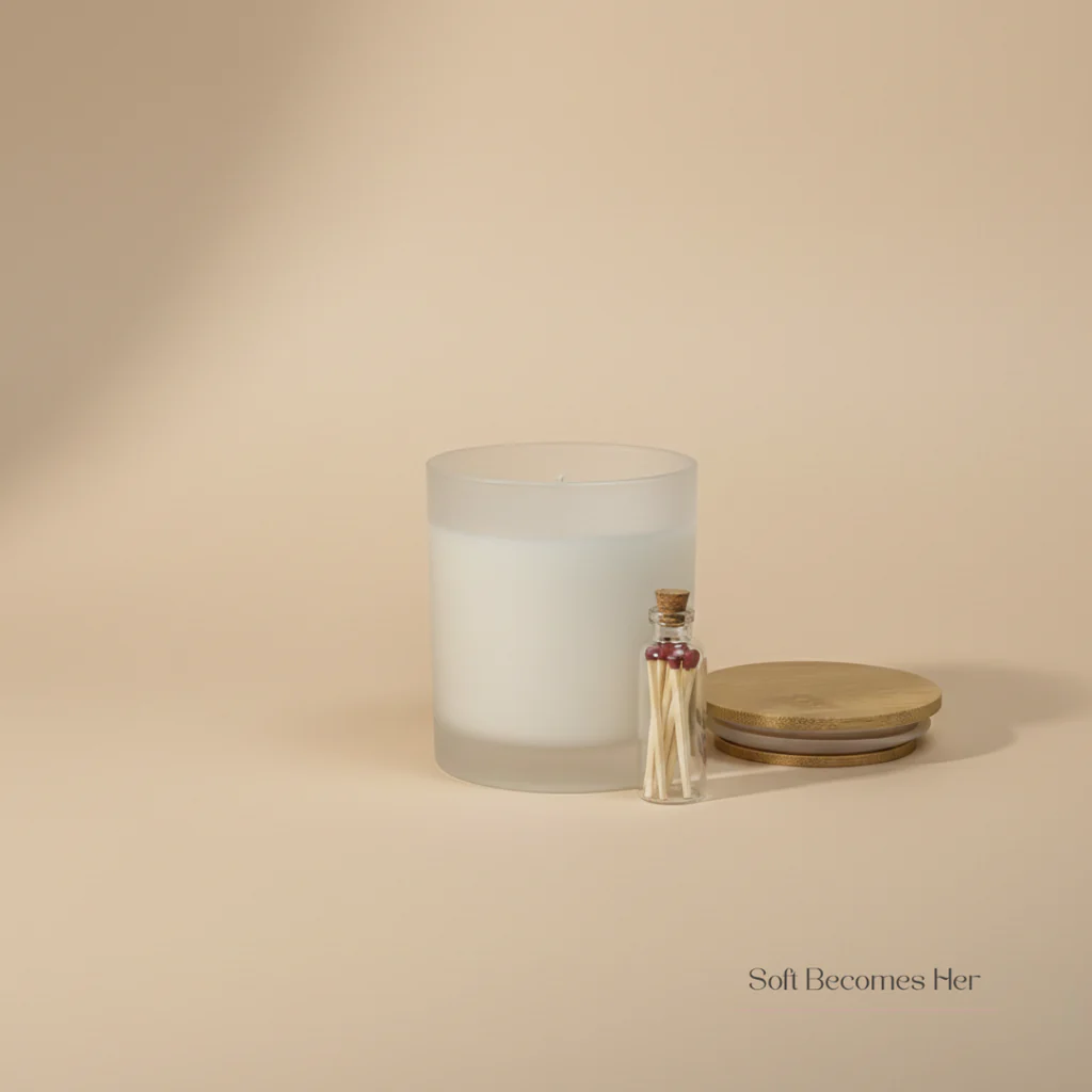 A frosted white glass candle is positioned on a light tan surface. To its right, a small glass vial with a cork stopper contains several wooden matches with red tips. To the right of the vial is a round wooden lid with a raised edge. A soft shadow pattern is cast from the left onto the background. The text "Soft Becomes Her" is visible in the lower right corner of the image.