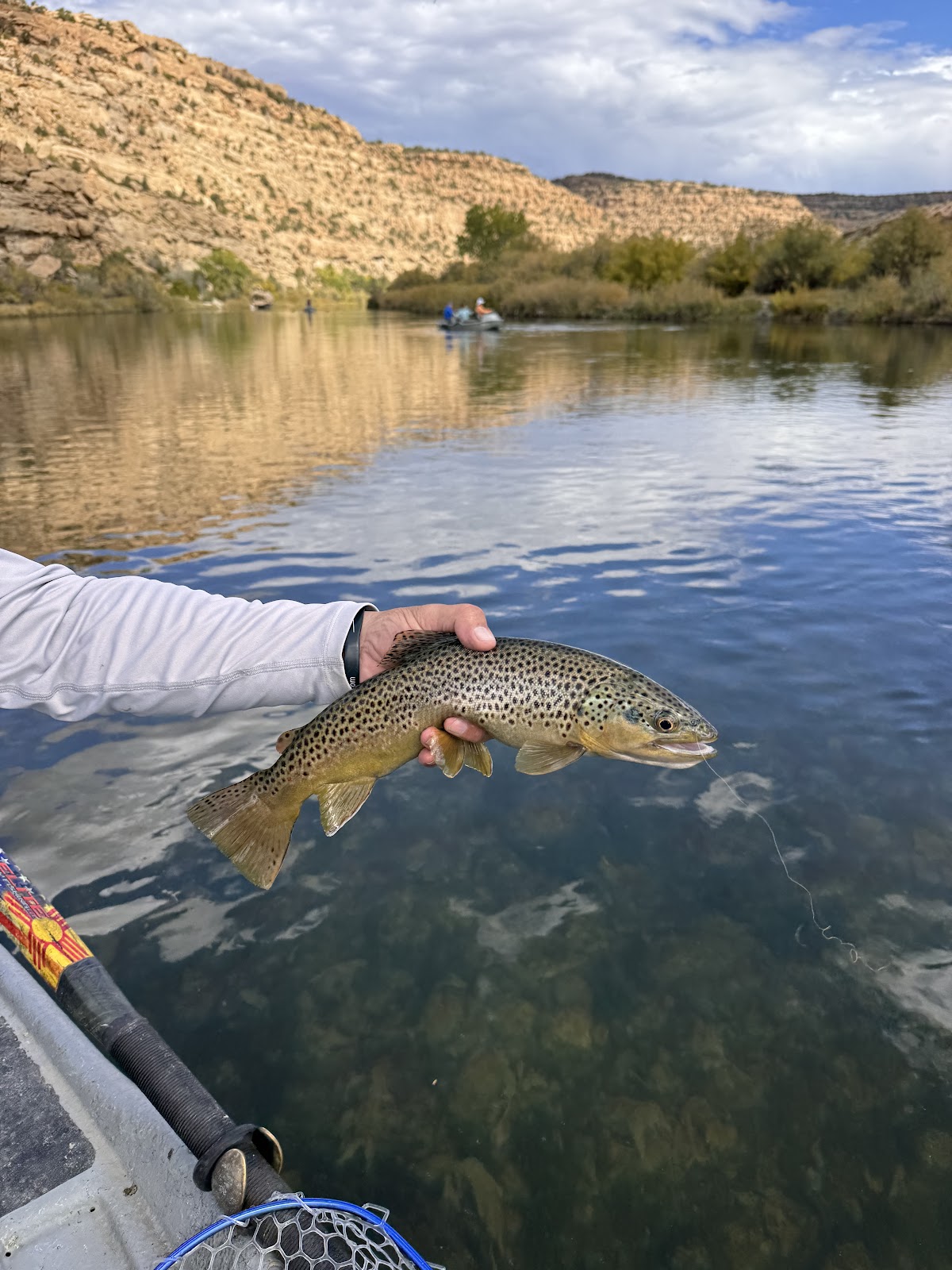 A person's arm and hand are holding up a freshly caught brown trout in a river. The fish is speckled with dark spots and has a golden-brown belly. The background shows a calm river with reflections of the sky and rocky hills. Several people in boats are visible further up the river.