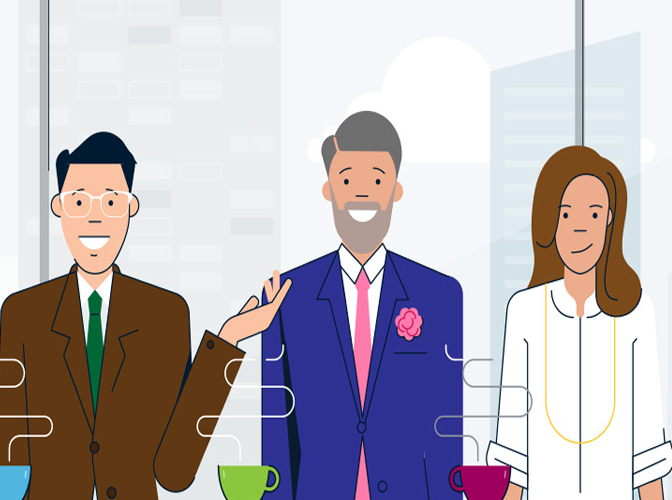 Illustration of three professional standing side by side in their office.