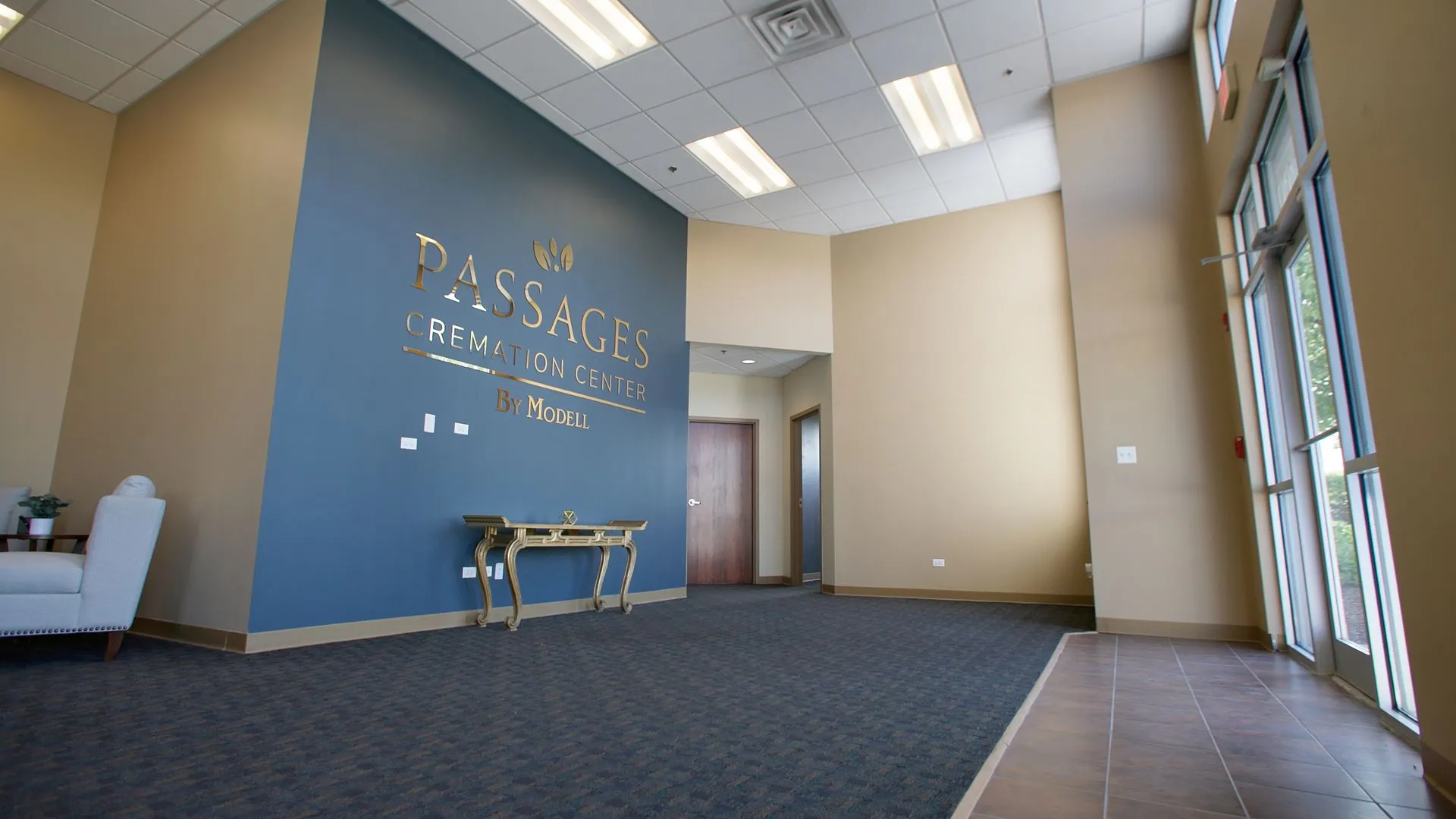 The entryway at Passages Cremation Center in Romeoville, IL.