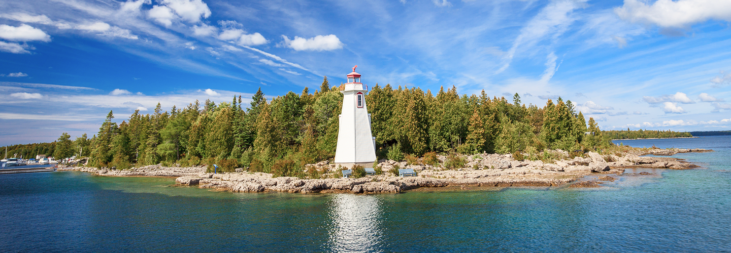 Lighthouse on a peninsula.