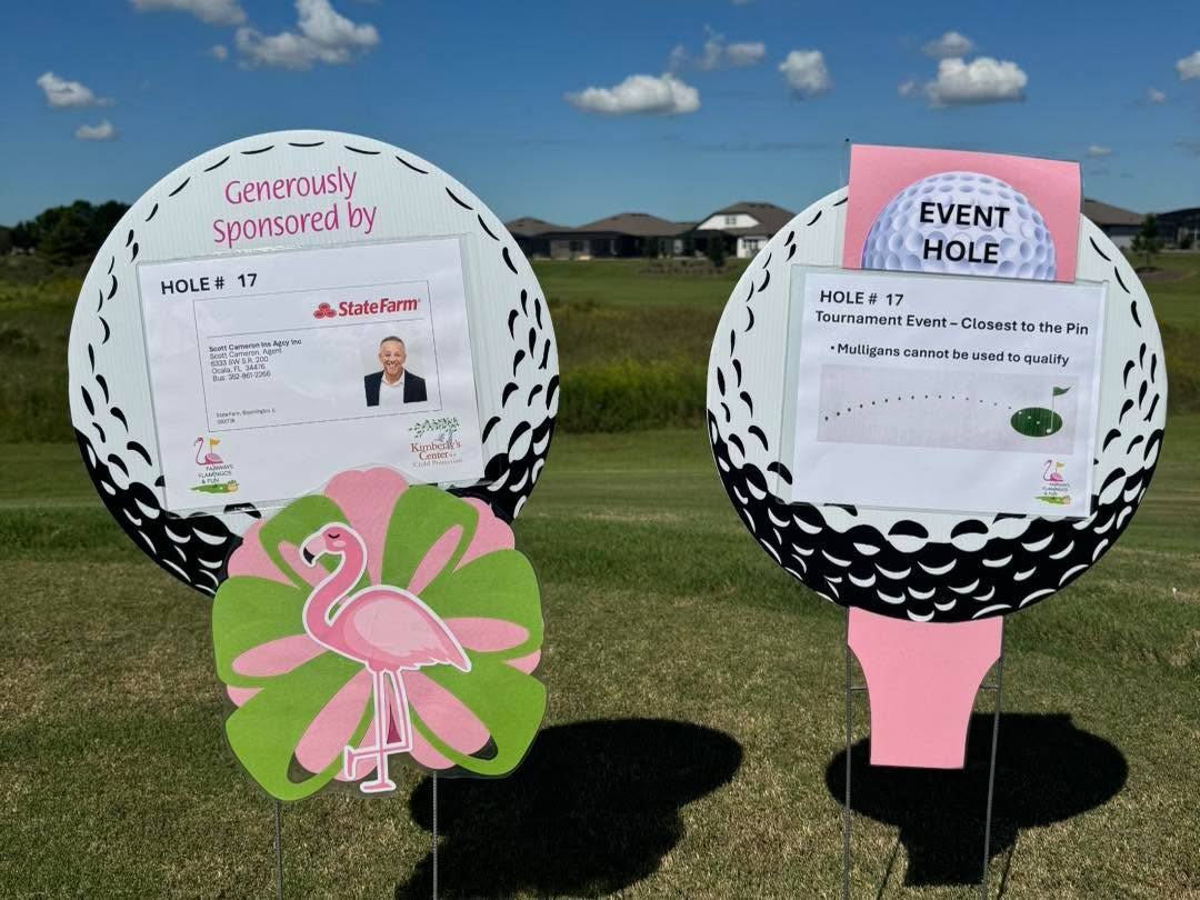 Teeing off for a great cause! Scott Cameron State Farm is proud to sponsor a hole at the Fairway Flamingos & Fun Golf Tournament at Stone Creek Golf Club, supporting Kimberly's Center for Child Protection and the families they serve.