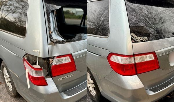Before-and-after comparison shows a silver minivan with severe rear quarter damage, broken taillight 