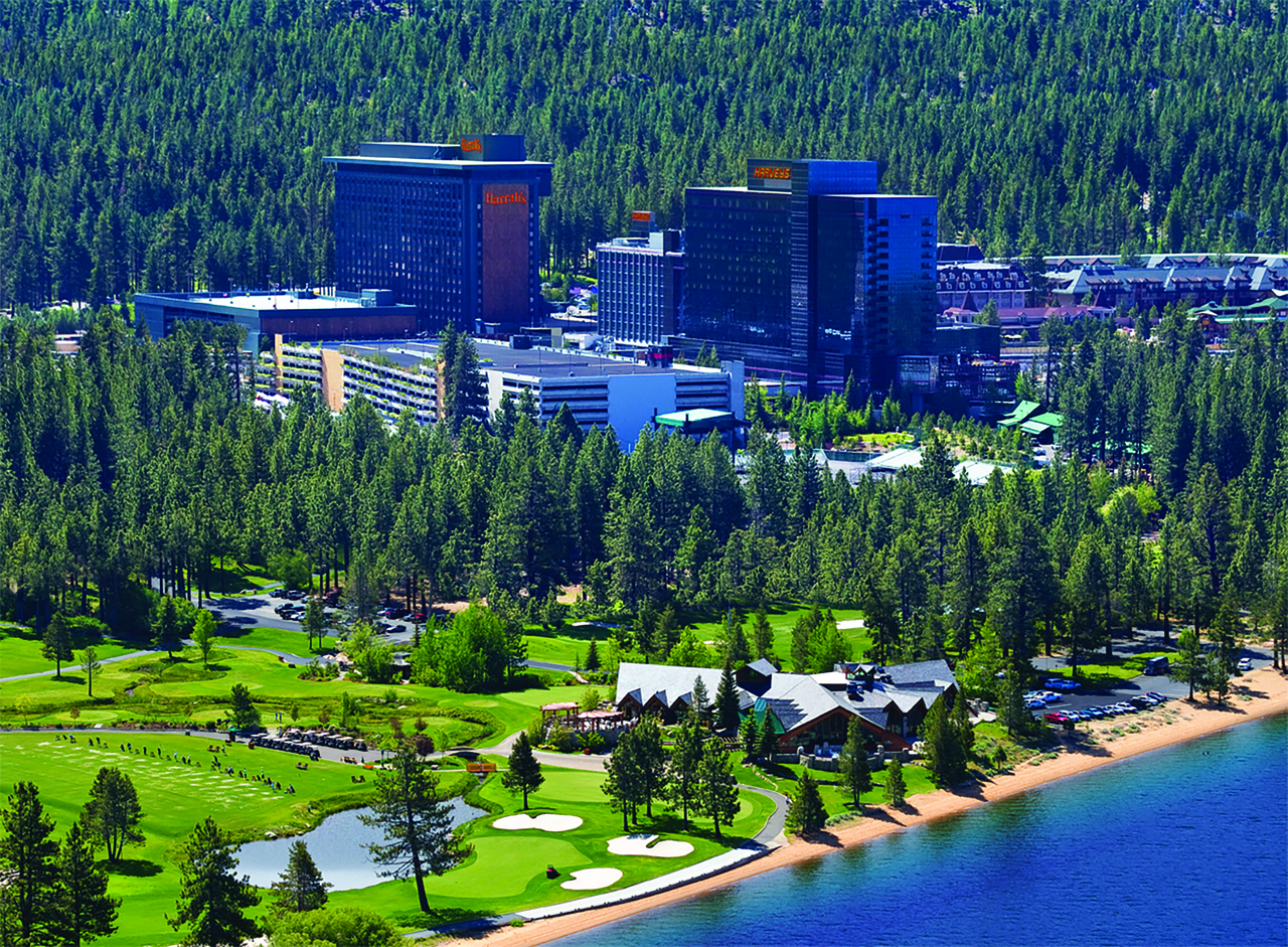 Harrah's Lake Tahoe exterior-2-4c. At Harrah's Lake Tahoe you can relax in luxe hotel rooms with premier amenities, play the slots and tables at the casino, reserve a table at a world-class restaurant, and get in on the vibrant nightlife.