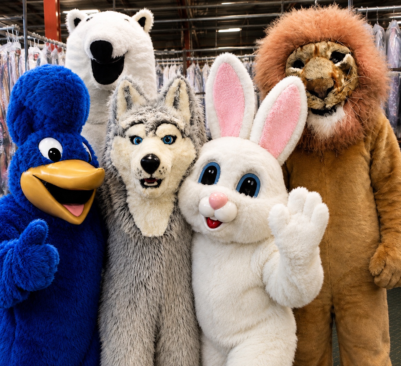 A group of bright, professionally cleaned mascot costumes&mdash;including a blue bird, polar bear, wolf, bunny, and lion&mdash;standing together after specialized deep-cleaning at Plaza Cleaners.