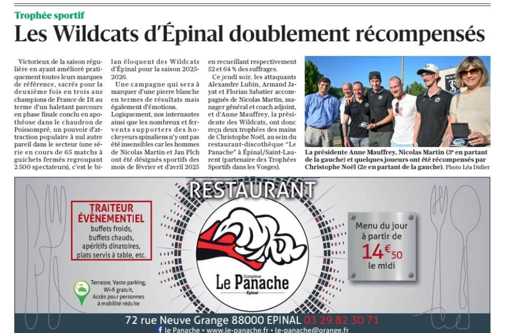 Les Wildcats récompensés, lors de la remise des trophées en notre restaurant. Les Wildcats récompensés, lors de la remise des trophées en notre restaurant.