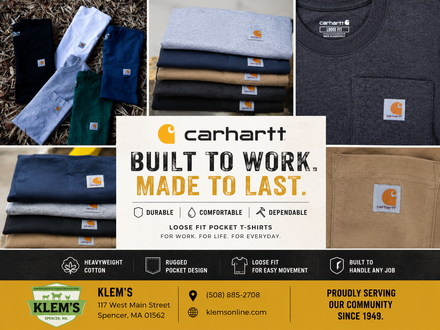 Carhartt pocket t-shirts available in a variety of colors, offering durable comfort and everyday workwear style at Klem's in Spencer, MA.