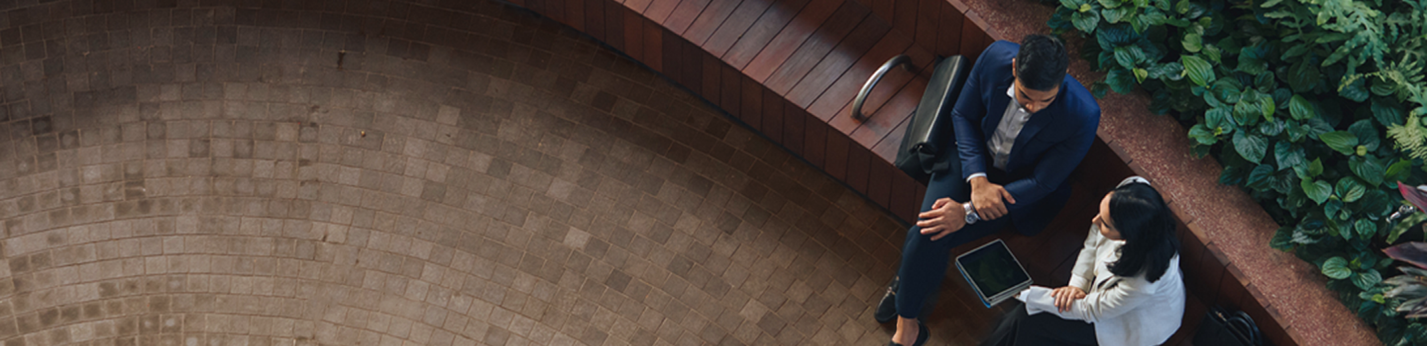 Top-down view of two professionals talking while on a park bench.