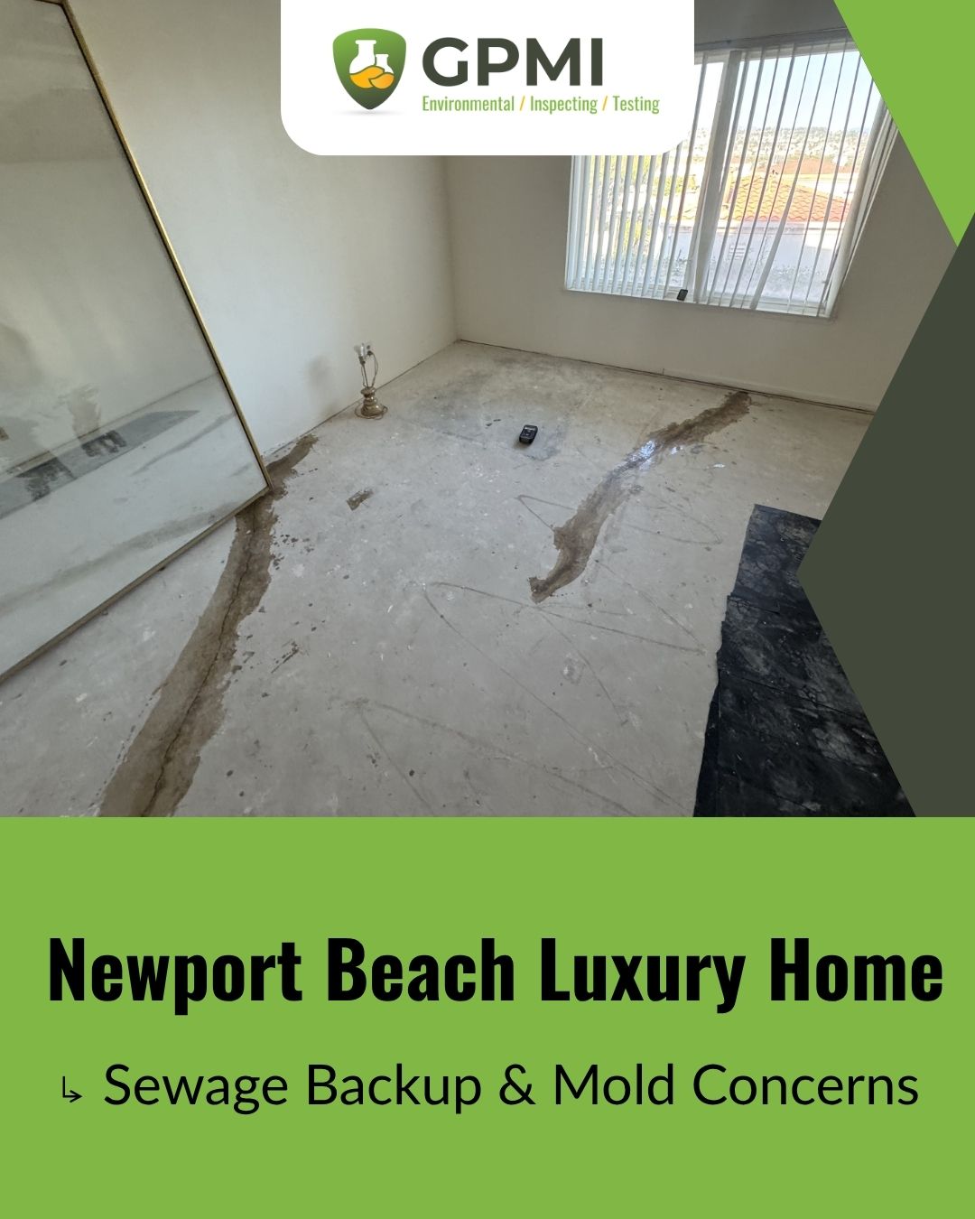 Newport Beach luxury home inspection photo showing visible staining and moisture concerns in an interior room.