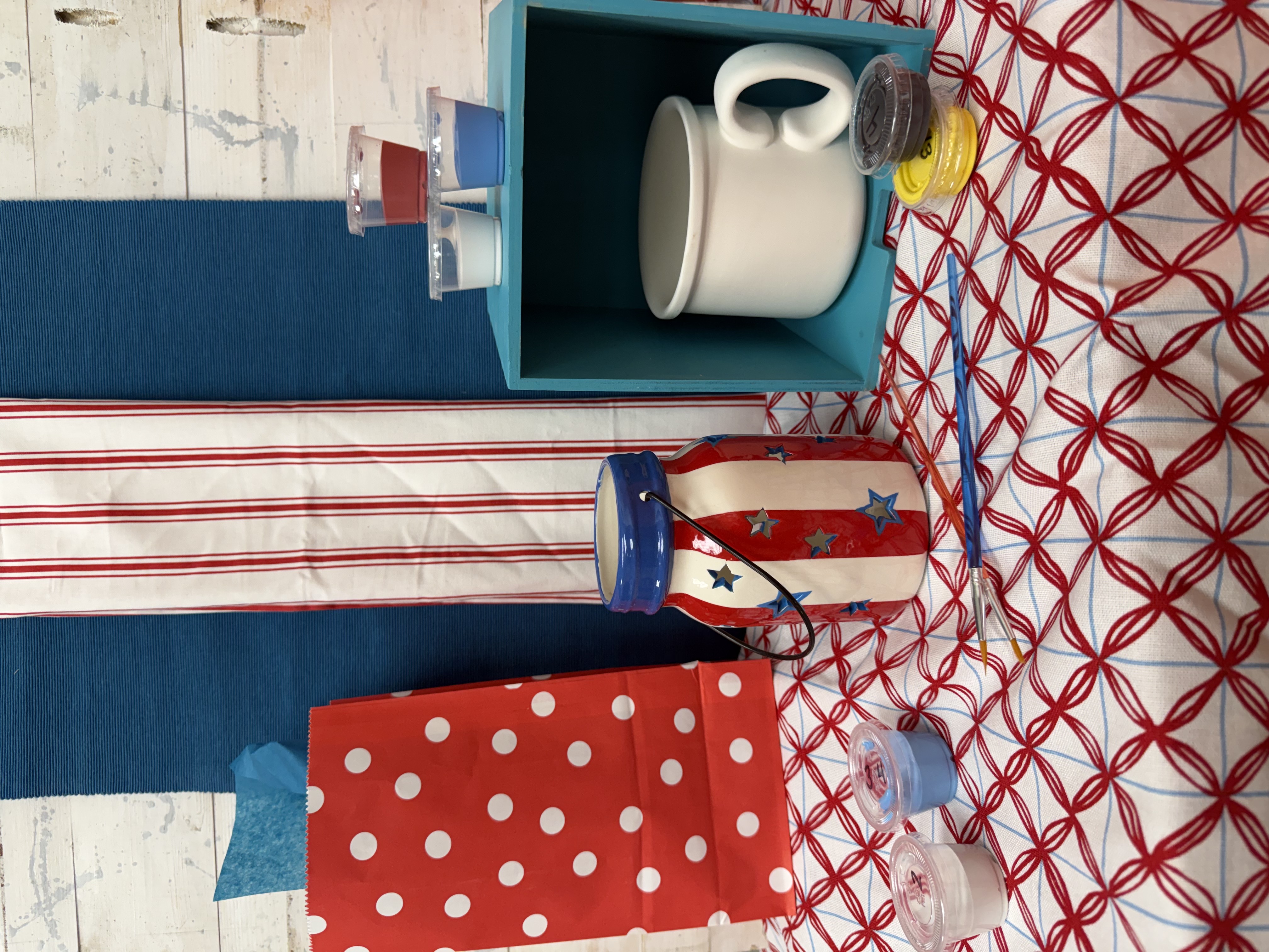 4th Of July Take Home Kits

Jar Star Lantern - Take Home Kit
Pre‑order this festive paint‑at‑home kit for a creative long weekend! Pick up your kit in‑studio before the holiday, enjoy painting at home or camping trip!

This paint-at-home project kit includes:

&bull; One jar star lantern
&bull; Two paint brushes (yours to keep!)
&bull; Pottery painting colors: Red, Blue, White, Yellow and Black
&bull; Glazing, firing and printed instructions

Once the painting is complete, drop your pottery back off at our studio, and we will glaze and fire it.