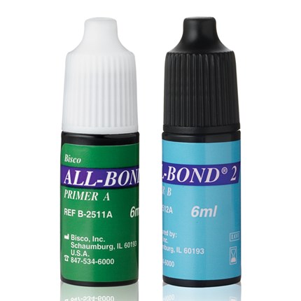 All-Bond 2®, the original 4th Generation adhesive, is still unsurpassed in its comprehensive ability to bond to dentin, enamel, composite, precious, semi-precious and non-precious casting alloys, and silane-treated porcelain.
All-Bond 2 has a dual-cured primer that contains BISCO's own proprietary hydrophilic monomer (BPDM).