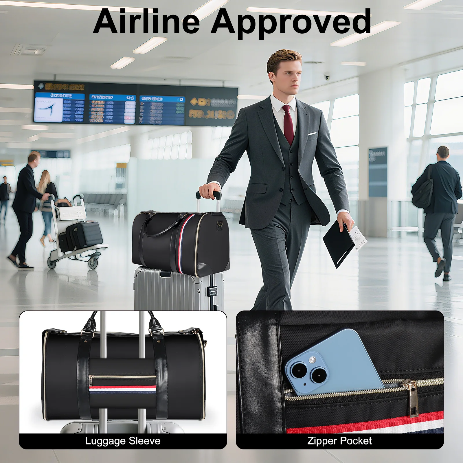 A man in a suit is walking through an airport with luggage. There are two inset images showing details of the luggage: one highlighting a luggage sleeve and the other showing a zipper pocket with a smartphone. The main image also features a flight information display board in the background, and other travelers. The text "Airline Approved" is displayed prominently at the top.
