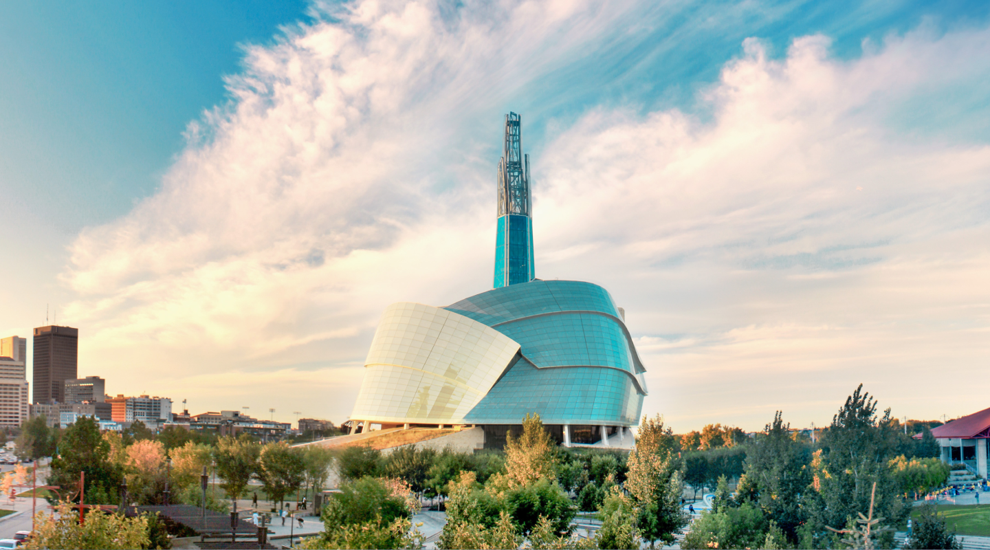 Aerial view of the Canadian Museum for Human Rights in Winnipeg, Manitoba at golden hour.
