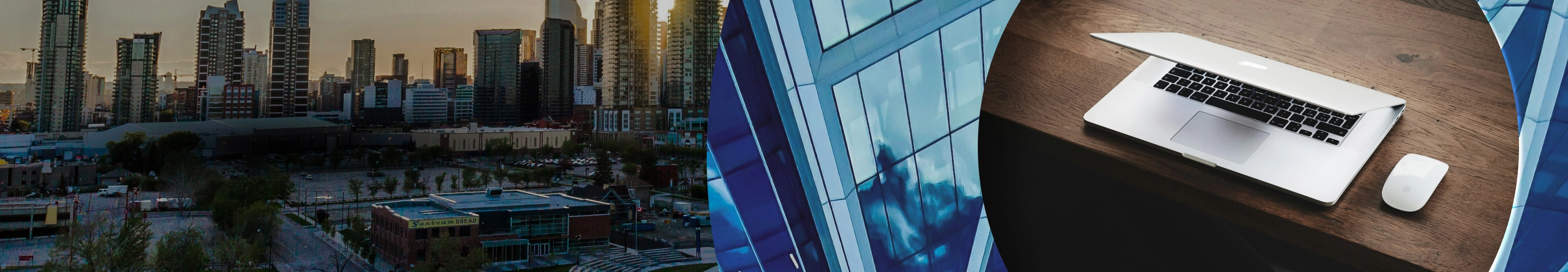 Collage featuring the Calgary skyline, a closeup image of the side of a skyscraper, and a half-open laptop on a desk.