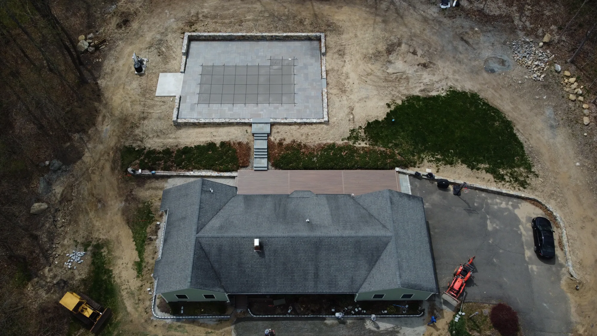 Aerial view of a paver pool deck upgrade in Bethany CT - Paver Pool Deck, Bethany project by General Masonry LLC.