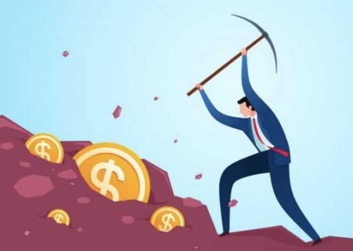 Illustration of a businessperson in a navy suit wielding a pickaxe to mine gold coins with dollar symbols from a burgundy mountain against a light blue sky