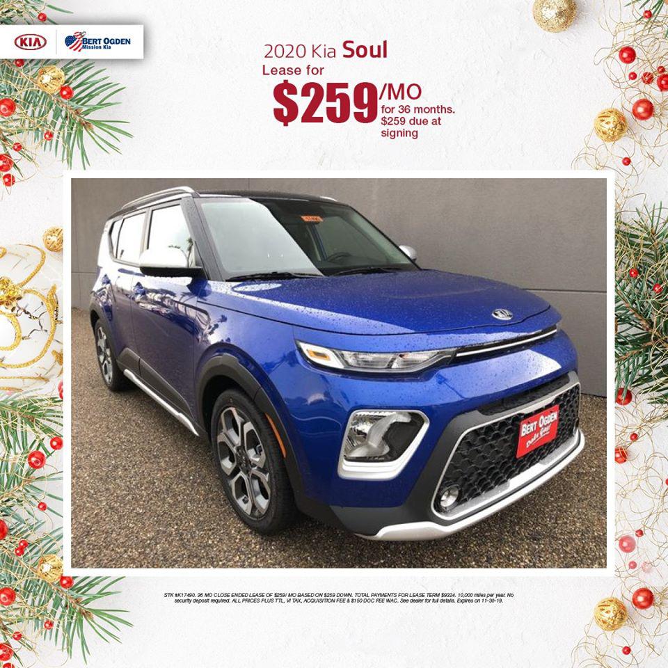 It's Cyber Monday!! Lease a 2020 Kia Soul for $259 a month! Call Bert Ogden Kia in Mission for details! (956) 391-1570. Dale Gas!!!