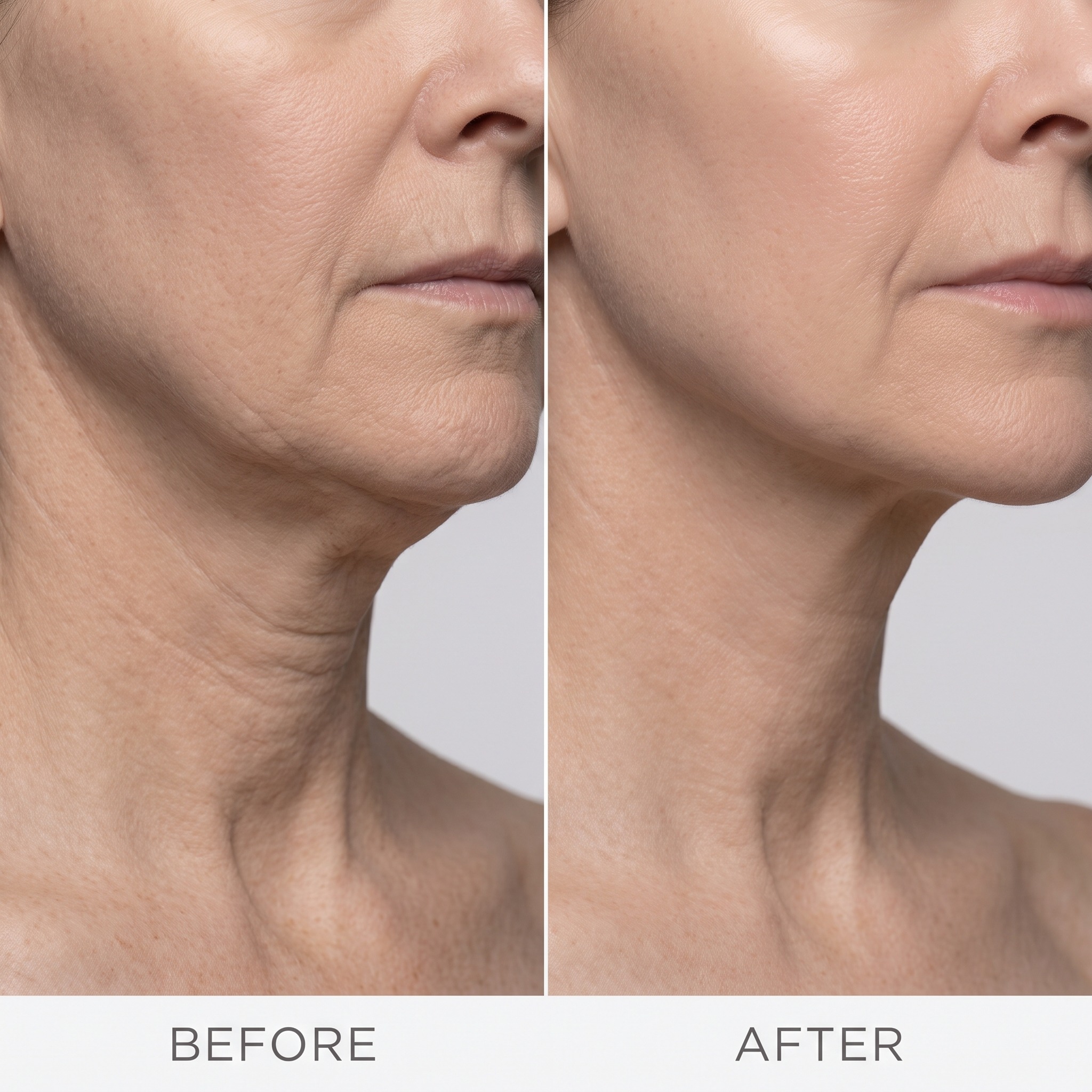 Before-and-after close-up of the lower face and neck showing improved skin firmness and reduced laxi 