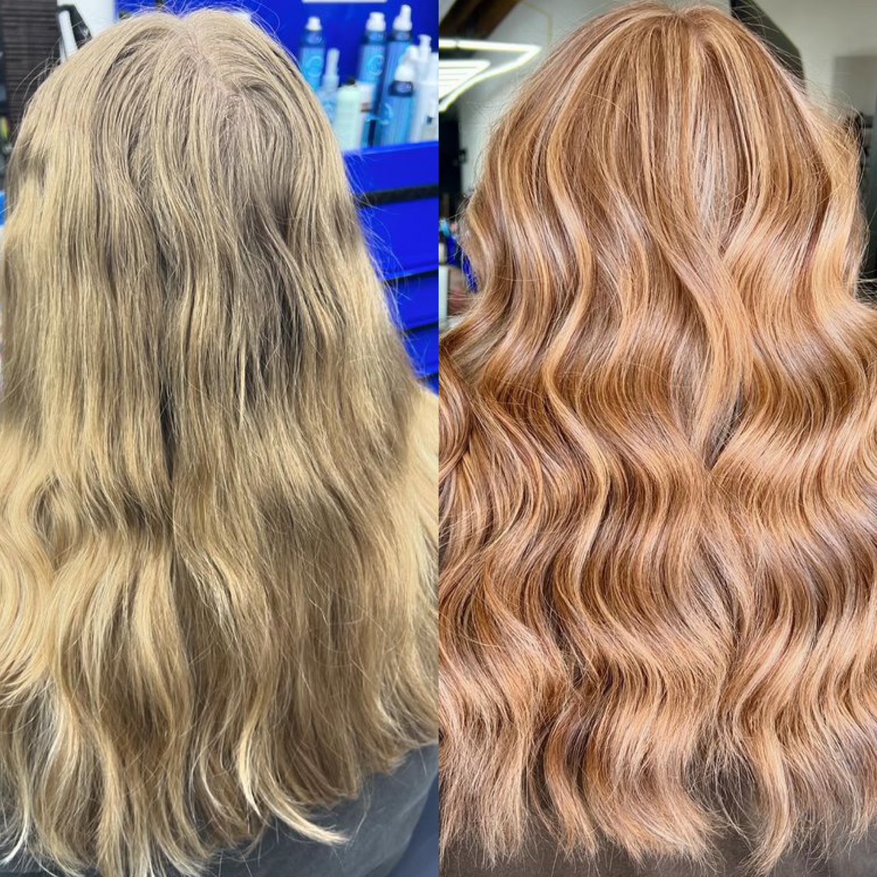 Blonde hair transformed into a warm copper tone with added shine and movement. This color service focused on creating a natural dimensional finish that looks rich and healthy.