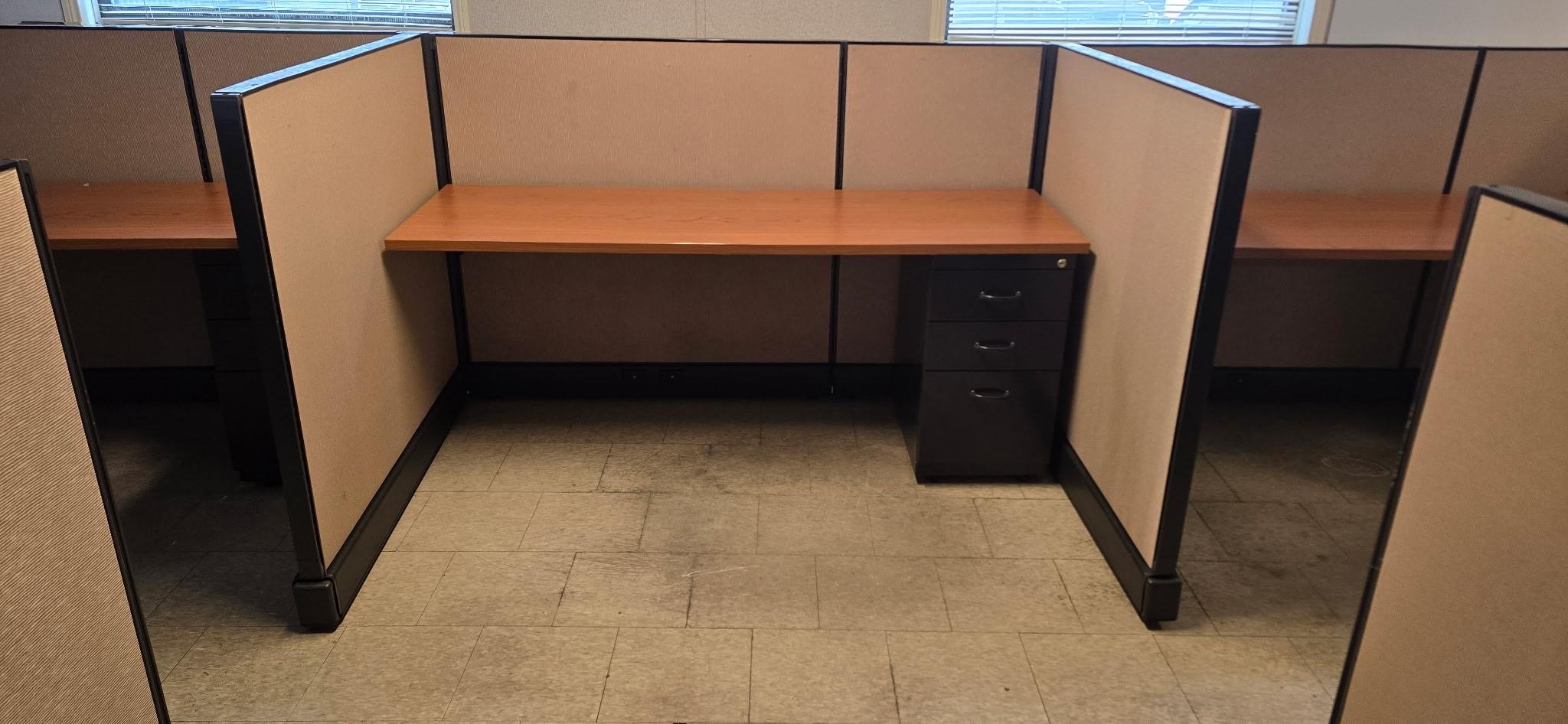 Double-Sided Workstation Pod:

Dual-facing office cubicle layout featuring dark oak desk tops, black metal accents, and tall privacy panels with integrated filing drawers.