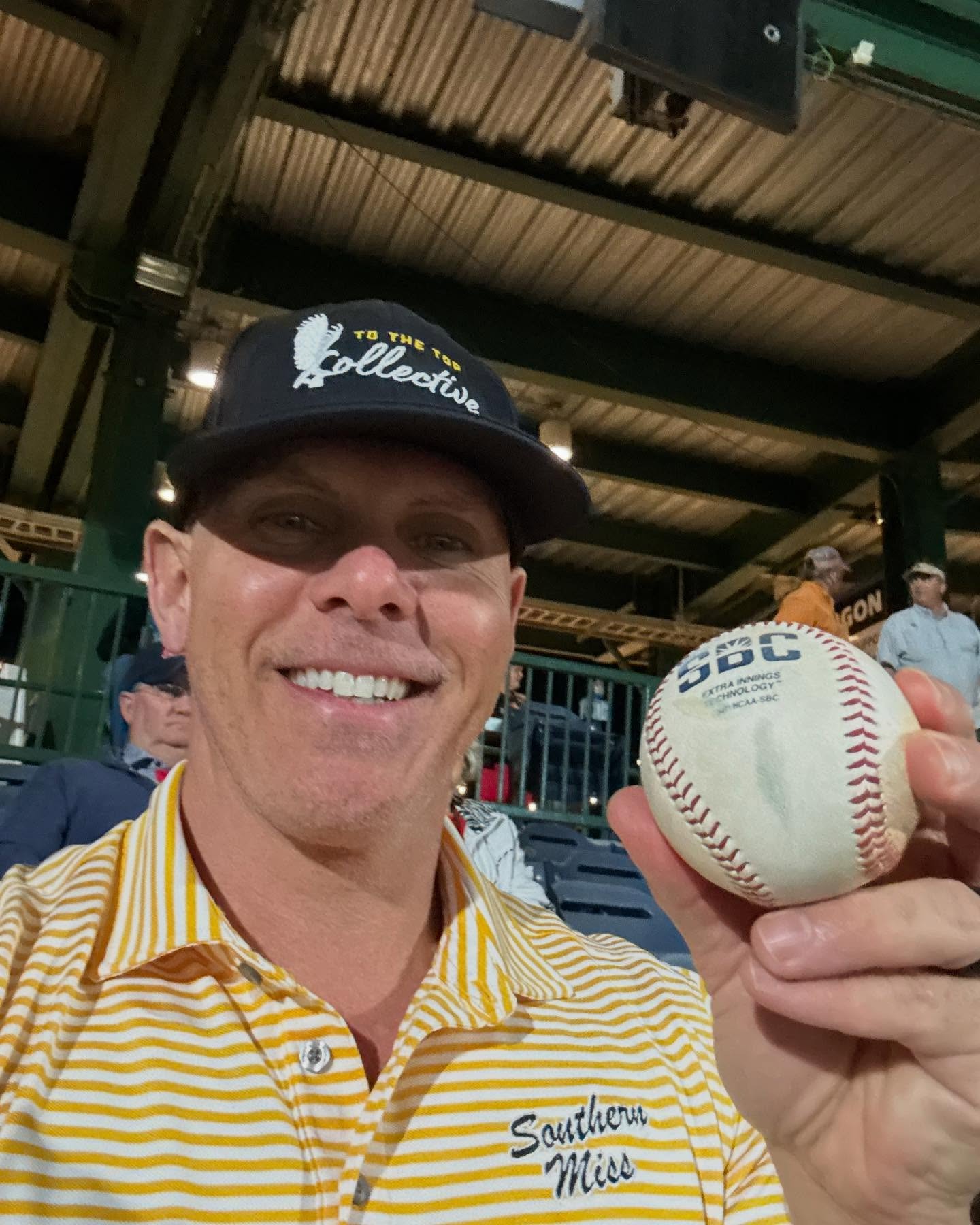 Fun night watching southernmissbsb Watched matthewjrusso score from first!! Caught a foul ball from davis.gillespie who hit a 3 run shot earlier in the game. Took a picture with seymour_usm and some of the fellas. EAGLES WIN!!!