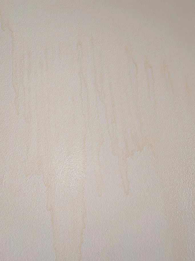 A textured off-white wall with light brown water stains running down from the top.