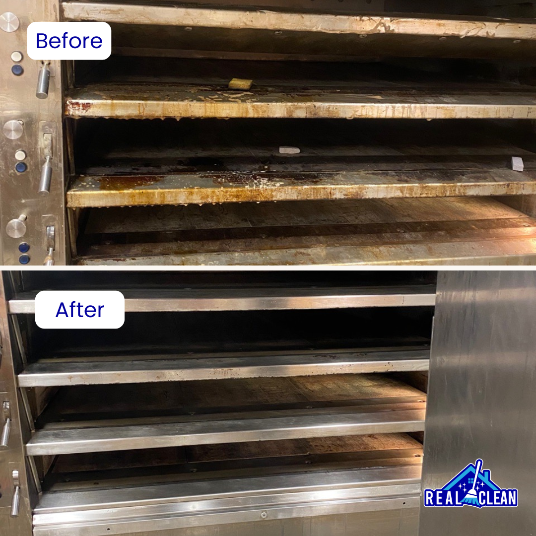 Before and after image of a bakery rack that was cleaned spotless by Real Clean in Utah.
