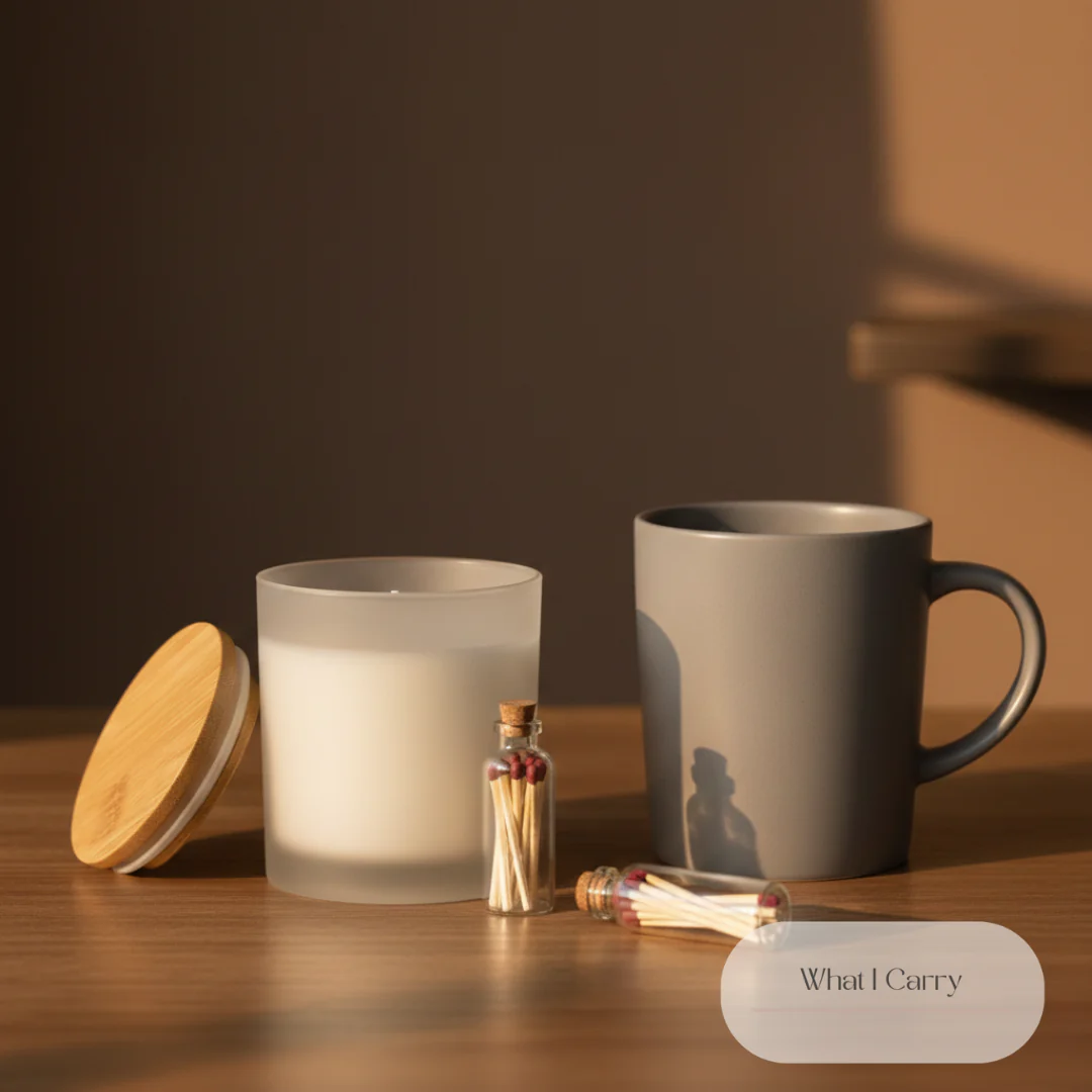 A frosted glass candle with a bamboo lid sits next to a gray mug and two small glass bottles filled with matches, all on a wooden surface. A soft, warm light illuminates the scene, casting shadows. A semi-transparent oval shape with the text "What I Carry" is in the bottom right corner.