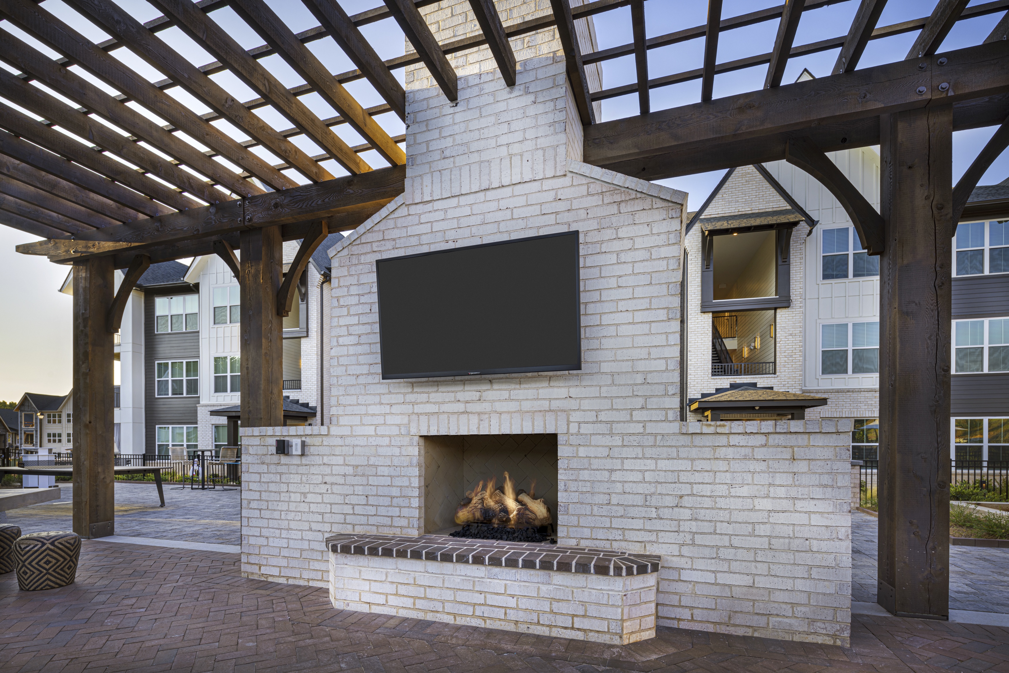 Outdoor resident lounge with fireplace