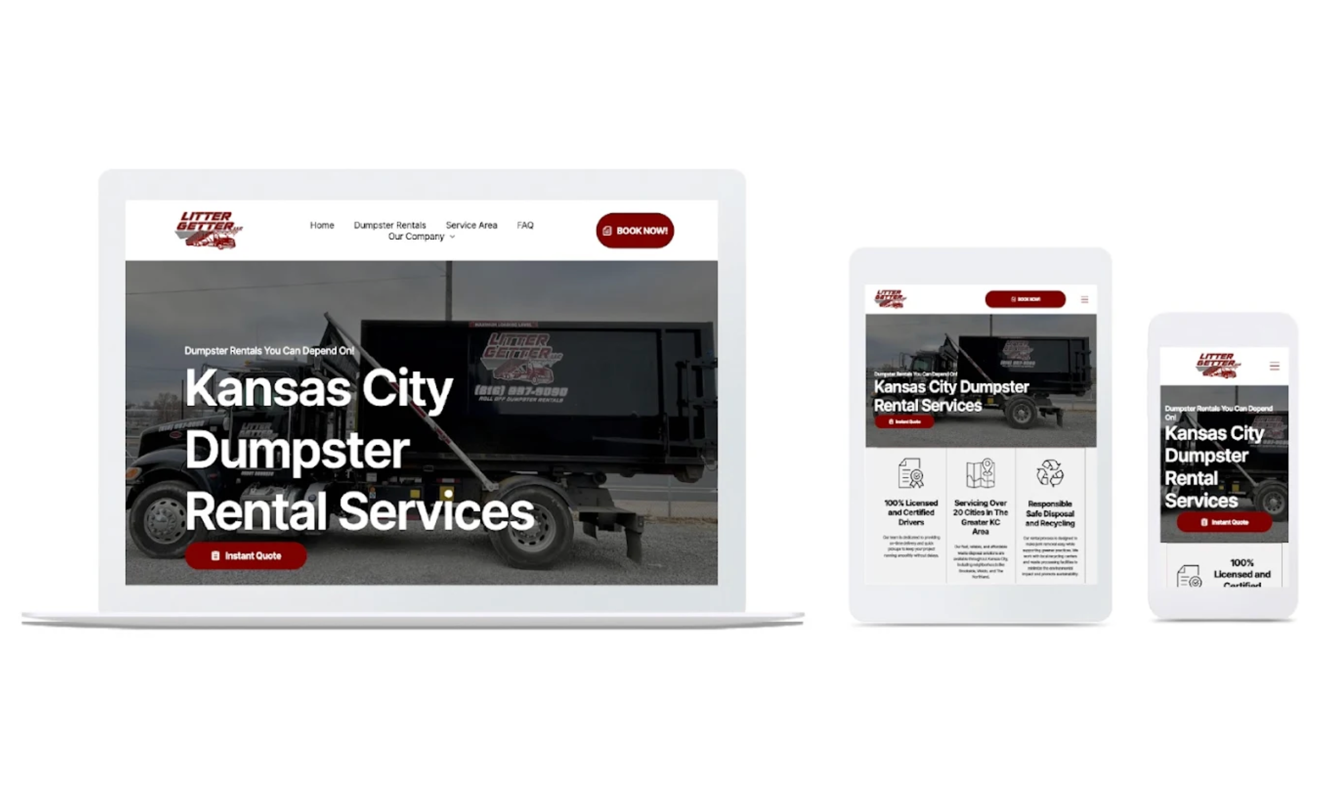 Website design example for a dumpster rental company shown on a laptop, tablet, and smartphone, featuring a responsive layout with a large truck image and service details.