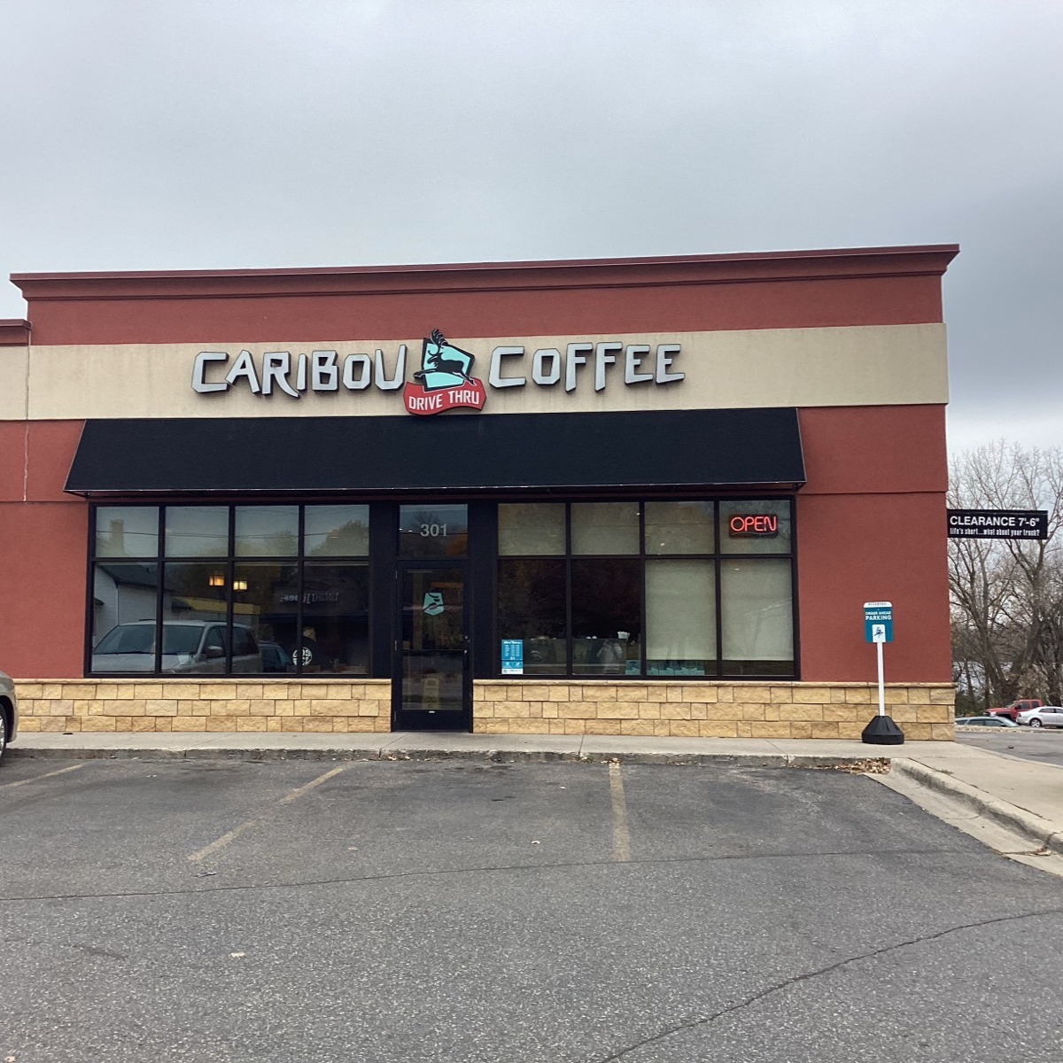 Storefront of the Caribou Coffee at 307 North Nokomis Square in Alexandria