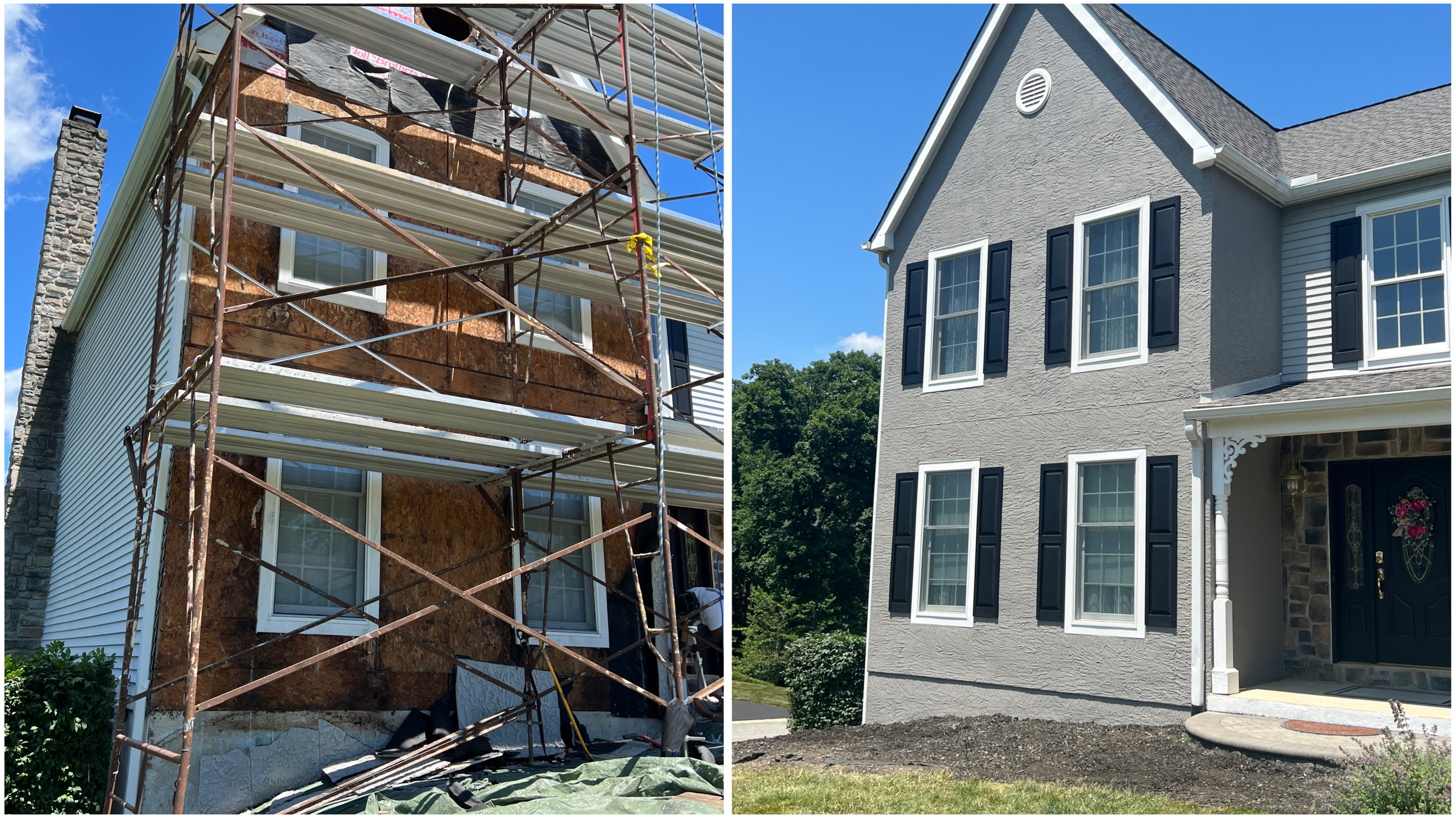 Before-and-after full stucco remediation completed by LePore Stucco Services on a residential home exterior. This project involved removing failing stucco, correcting underlying moisture-related issues, and installing a new, properly applied stucco system for long-term durability and protection. LePore Stucco Services provides professional stucco remediation and exterior restoration services throughout Avondale, PA, Chester County, and nearby areas of Pennsylvania and Delaware.