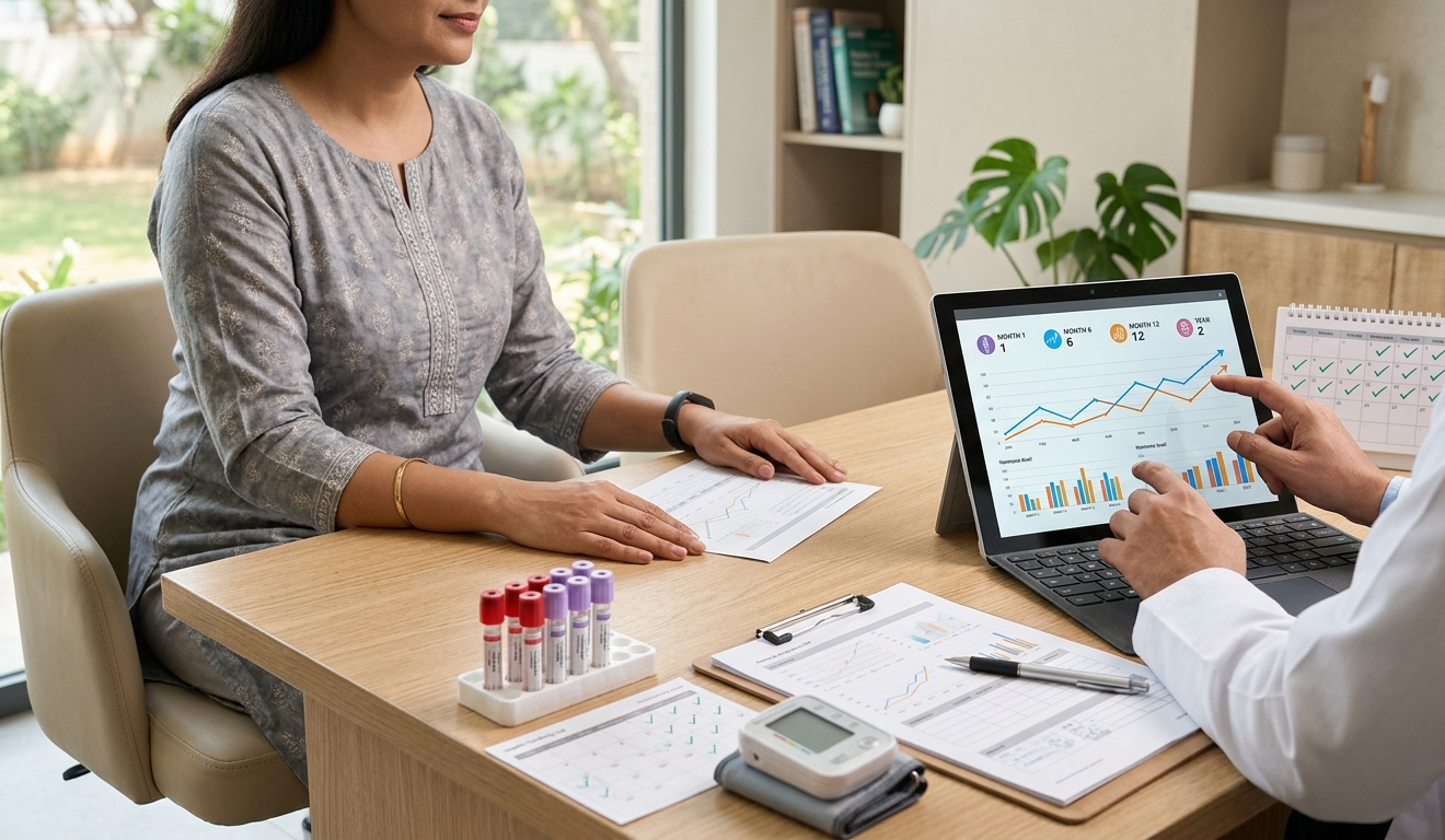 A healthcare professional consults with a patient at a medical office, reviewing health charts and progress data displayed on a tablet. Blood sample tubes, medical documents, and diagnostic tools on the desk emphasize personalized healthcare, wellness monitoring, preventive care, and professional medical guidance.