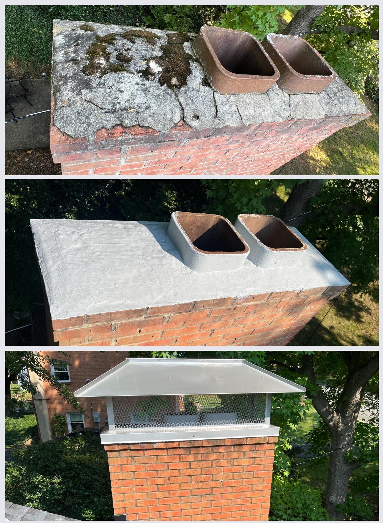 before and after chimney crown repair and chimney cap installation on a brick chimney in Crozet, VA by Flue Pros Chimney
