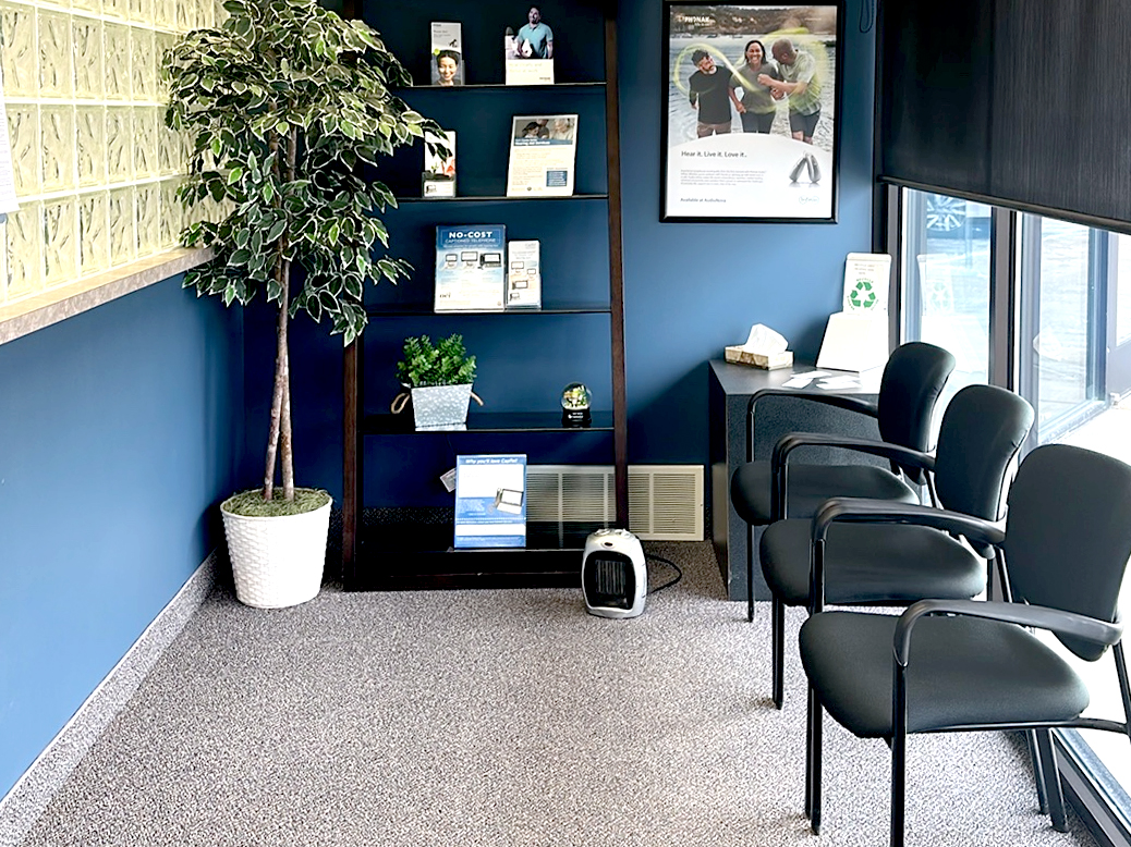 Interior photo of the waiting room for AudioNova hearing clinic in Grand Rapids, MI