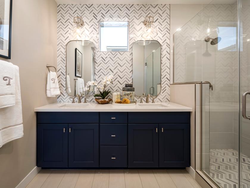 Primary bedroom suite with striking accent wall