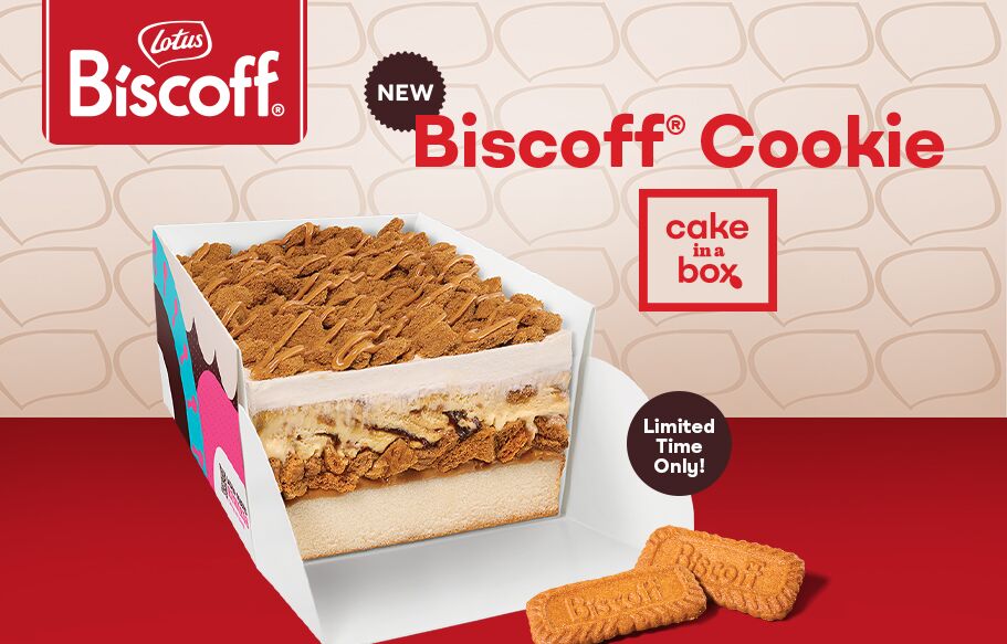 Enjoy a little taste of fall in every slice with our NEW Biscoff® Cookie Cake in a Box! Dig into layer after decadent layer of creamy & crunchy Biscoff® Cookie goodness.
