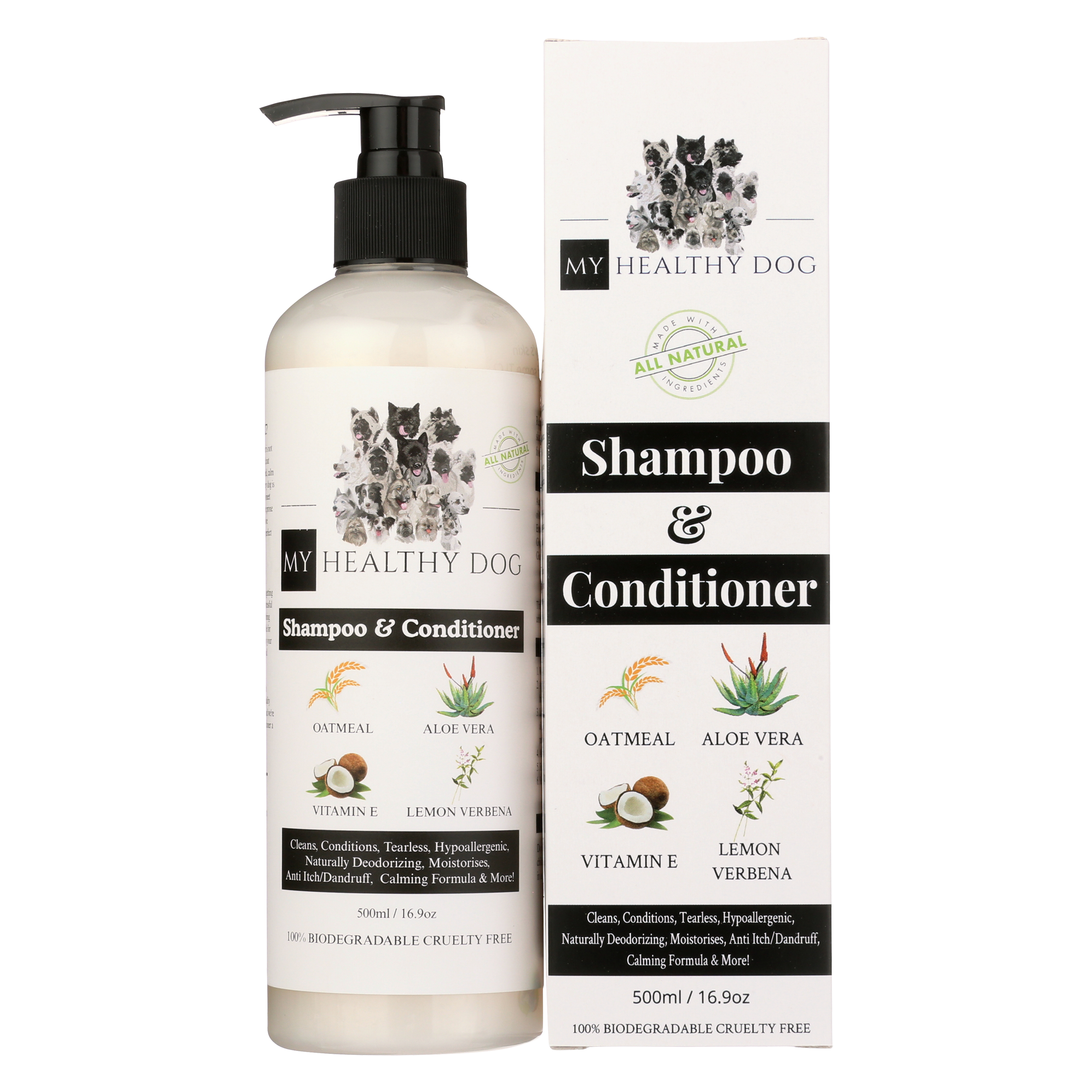 Perfect for all breeds and sizes, our shampoo helps tame the unruly fur, combats dryness, and reduces shedding. It's like a magic potion that transforms itchy, dry skin into a soft, supple texture and dull, matted fur into a vibrant, shiny coat.

Backed by trusted pet care science, our shampoo is free from harmful chemicals and harsh ingredients. It's pH-balanced for your dog's sensitive skin, hypoallergenic, and tear-free, ensuring an enjoyable bath time for your four-legged friend.